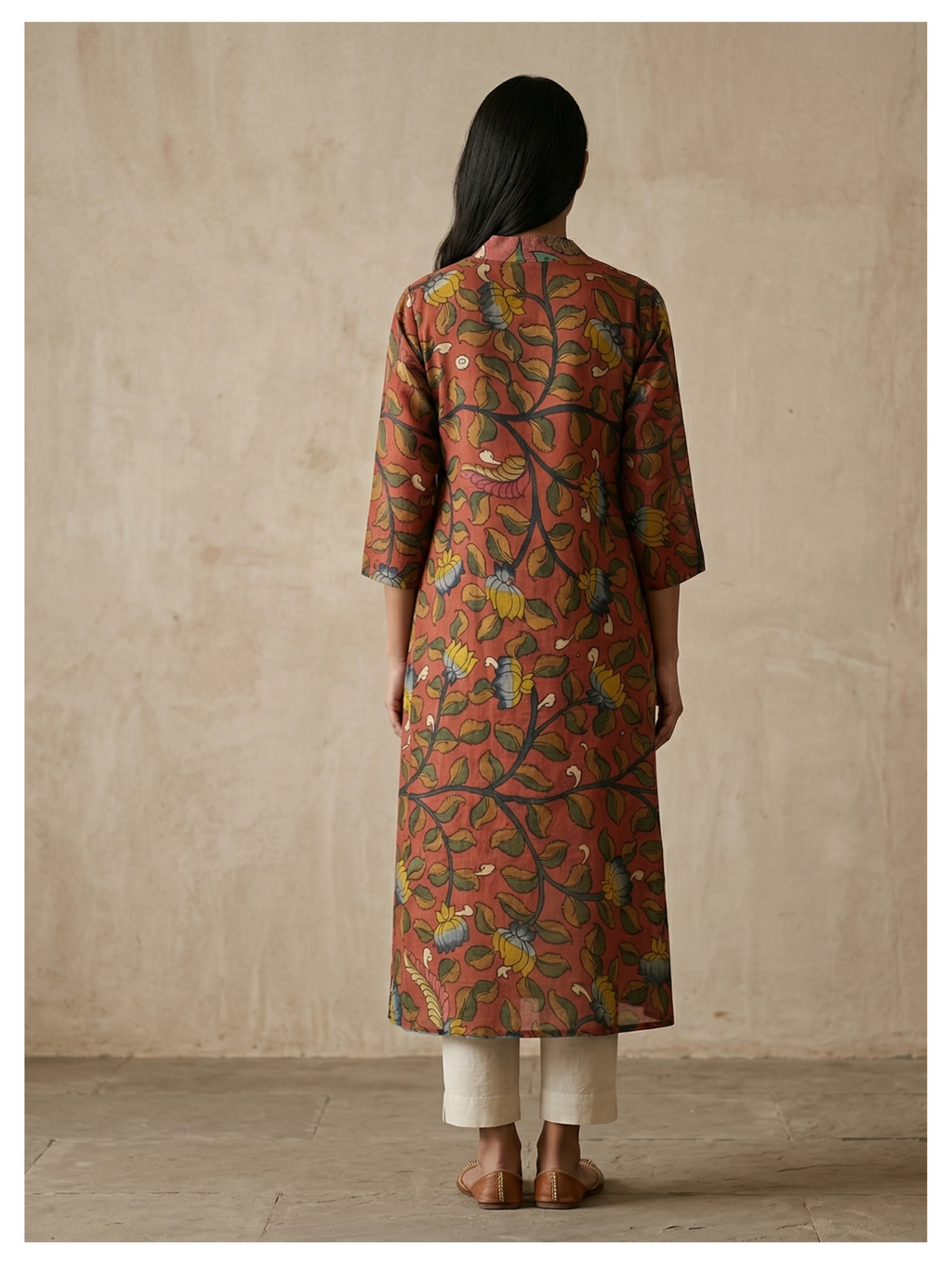 Rust Floral Silk Cotton Kurta – Size 40 (Ready Measurement)