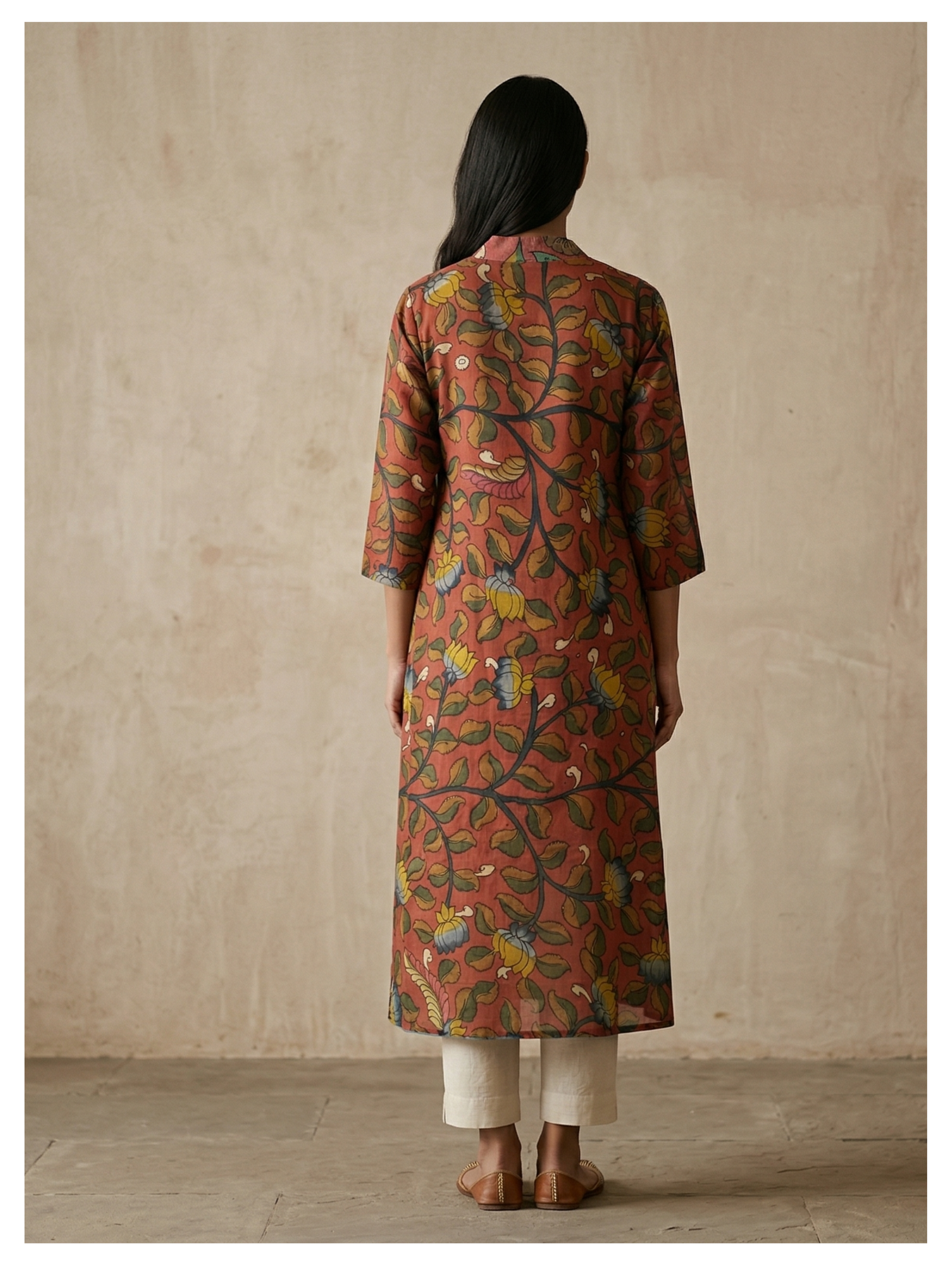 Rust Floral Silk Cotton Kurta – Size 40 (Ready Measurement)