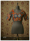 Silk Kalamkari Blouse (Chest 40") – Rust Floral Print with Sleeves
