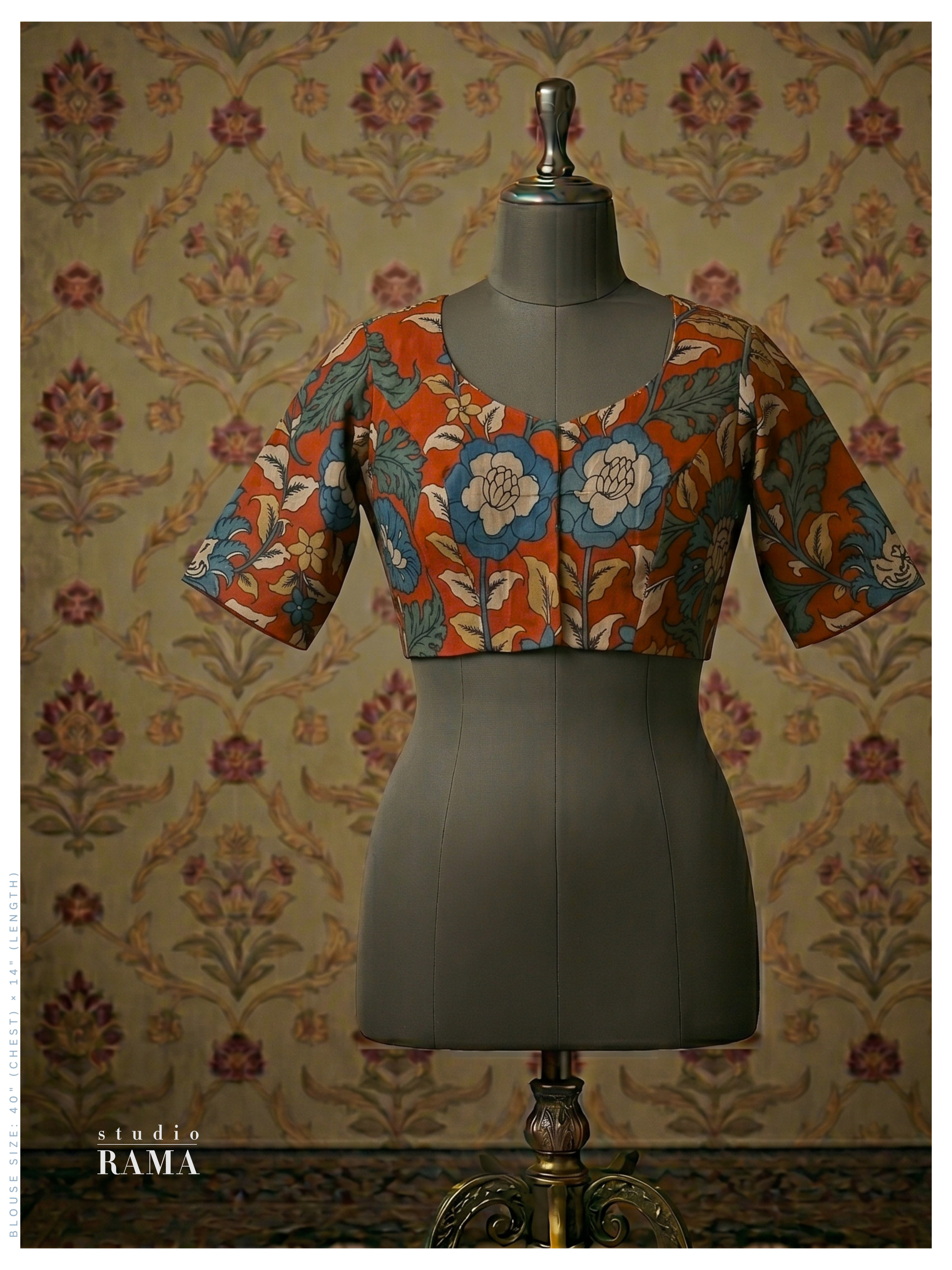 Silk Kalamkari Blouse (Chest 40") – Rust Floral Print with Sleeves