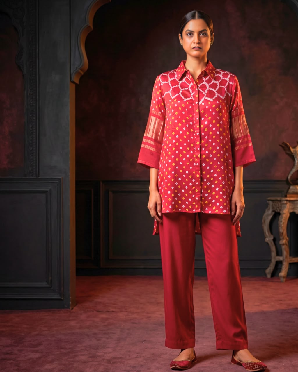 Bandhani Gajji Silk Tunic Only – Crimson Red