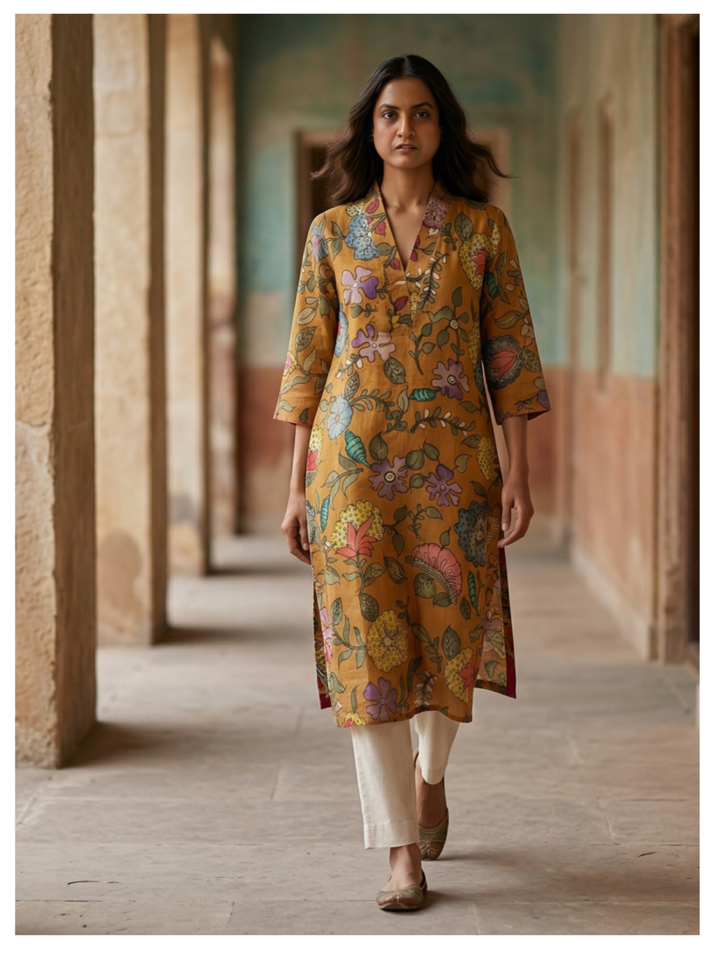 Ochre Floral Silk Cotton Kurta – Size 40 (Ready Measurement)
