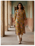 Ochre Floral Silk Cotton Kurta – Size 40 (Ready Measurement)