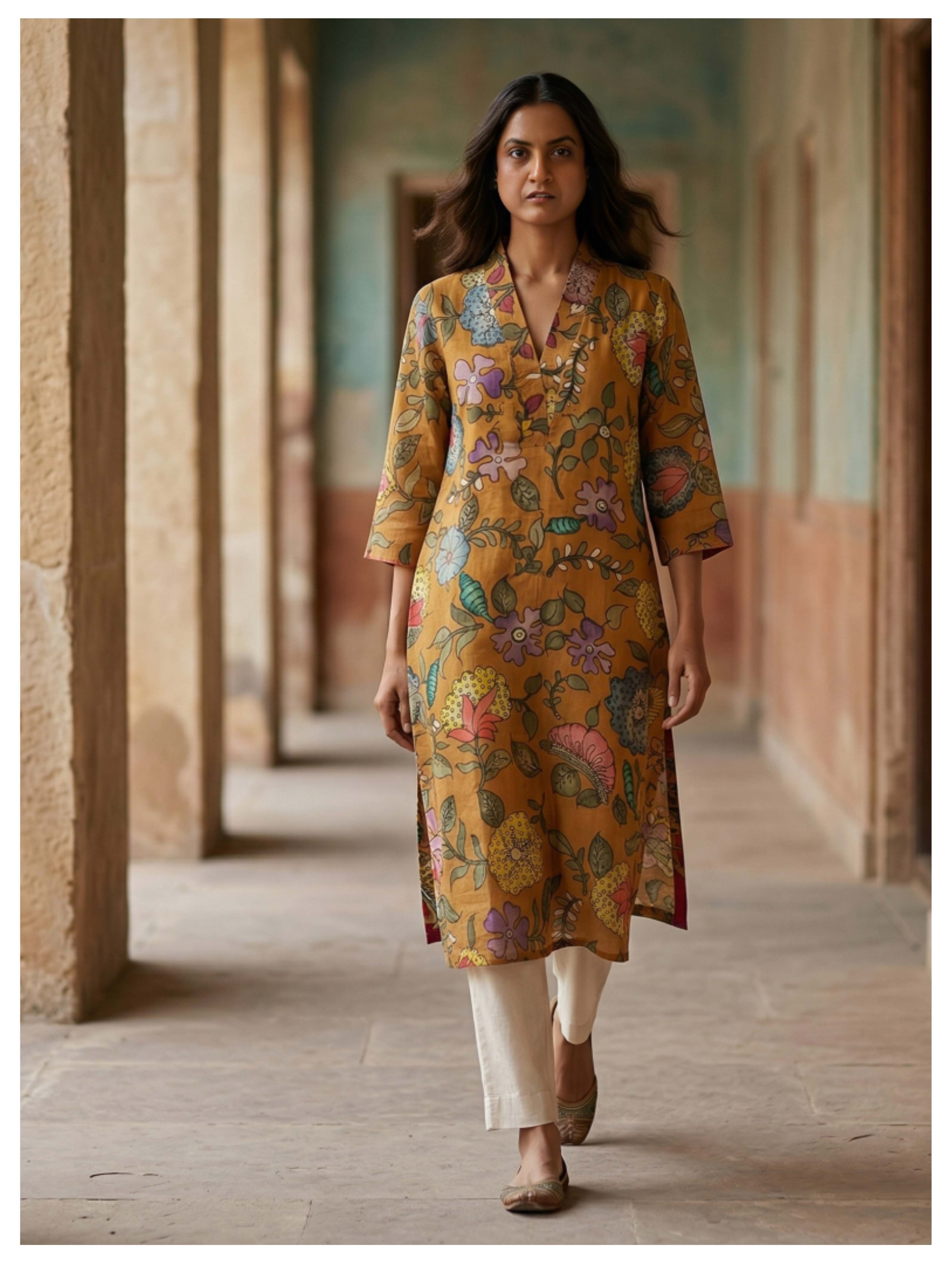 Ochre Floral Silk Cotton Kurta – Size 40 (Ready Measurement)