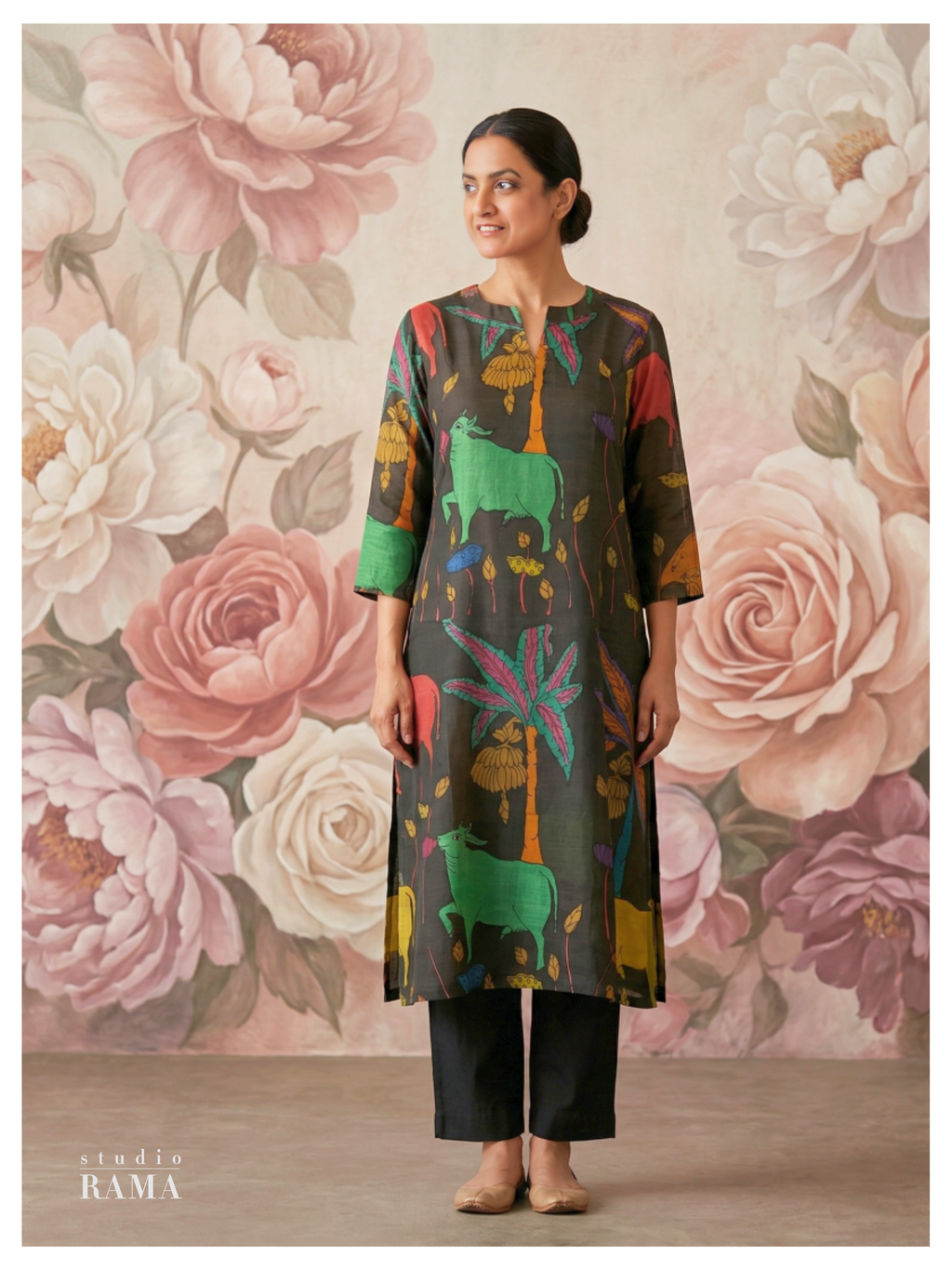 Charcoal Kalamkari Silk Cotton Kurta – Size 40 (Ready Measurement)