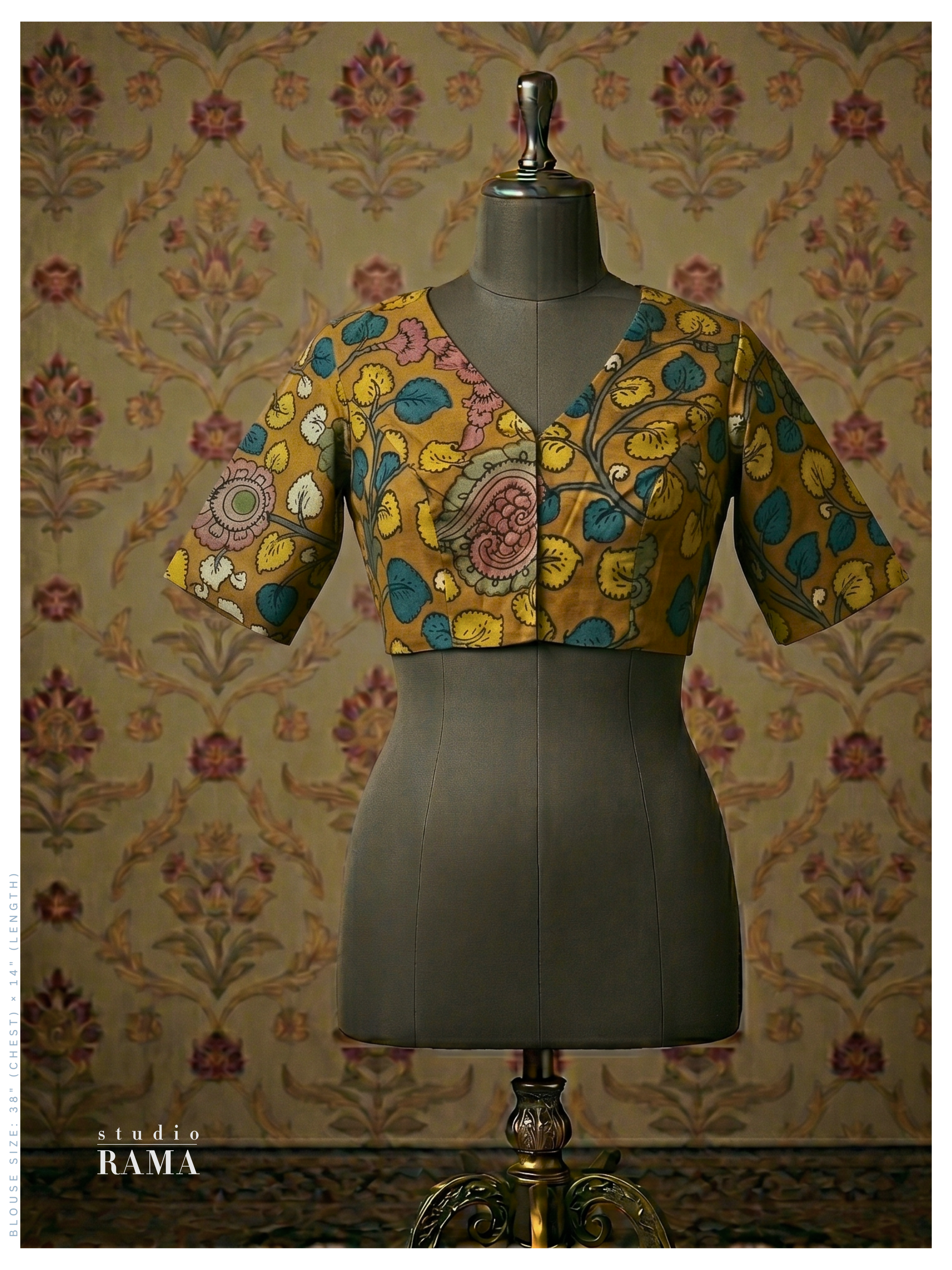 Silk Kalamkari Blouse (Chest 38") – Mustard Floral Print with Sleeves