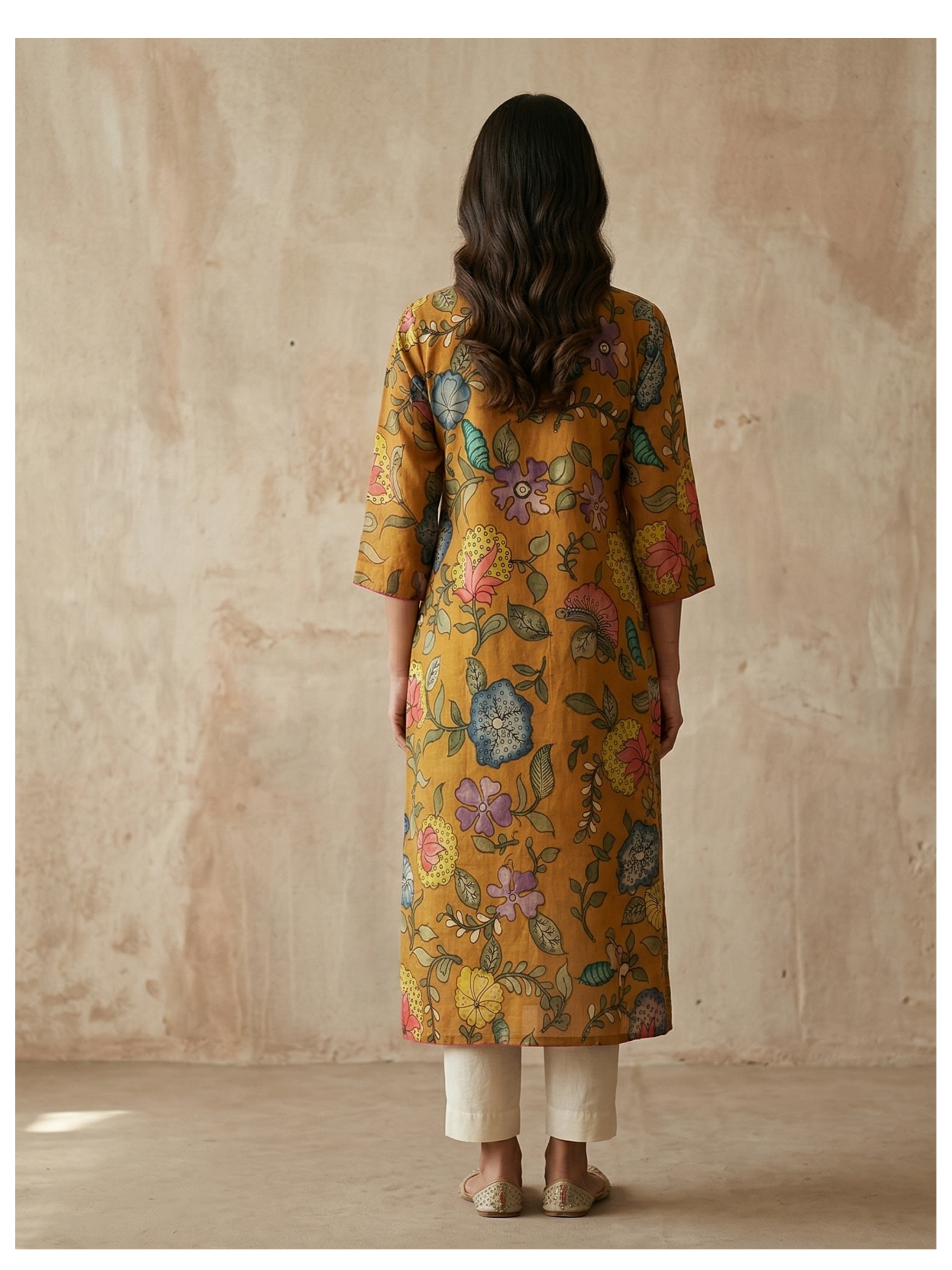 Ochre Floral Silk Cotton Kurta – Size 40 (Ready Measurement)