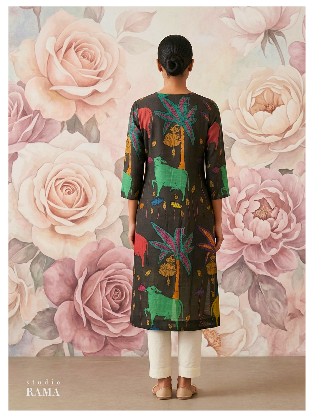 Charcoal Kalamkari Silk Cotton Kurta – Size 40 (Ready Measurement)