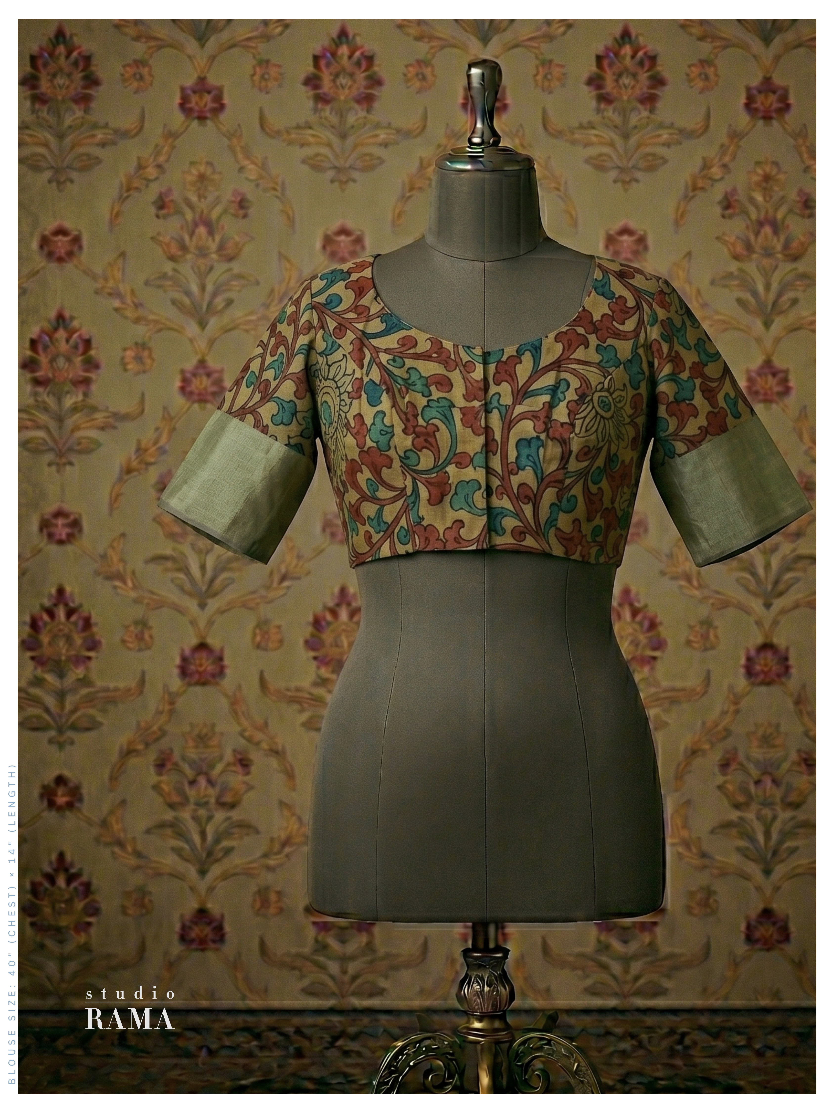 Silk Kalamkari Blouse (Chest 40") – Multi-Tone Floral with Contrast Sleeves
