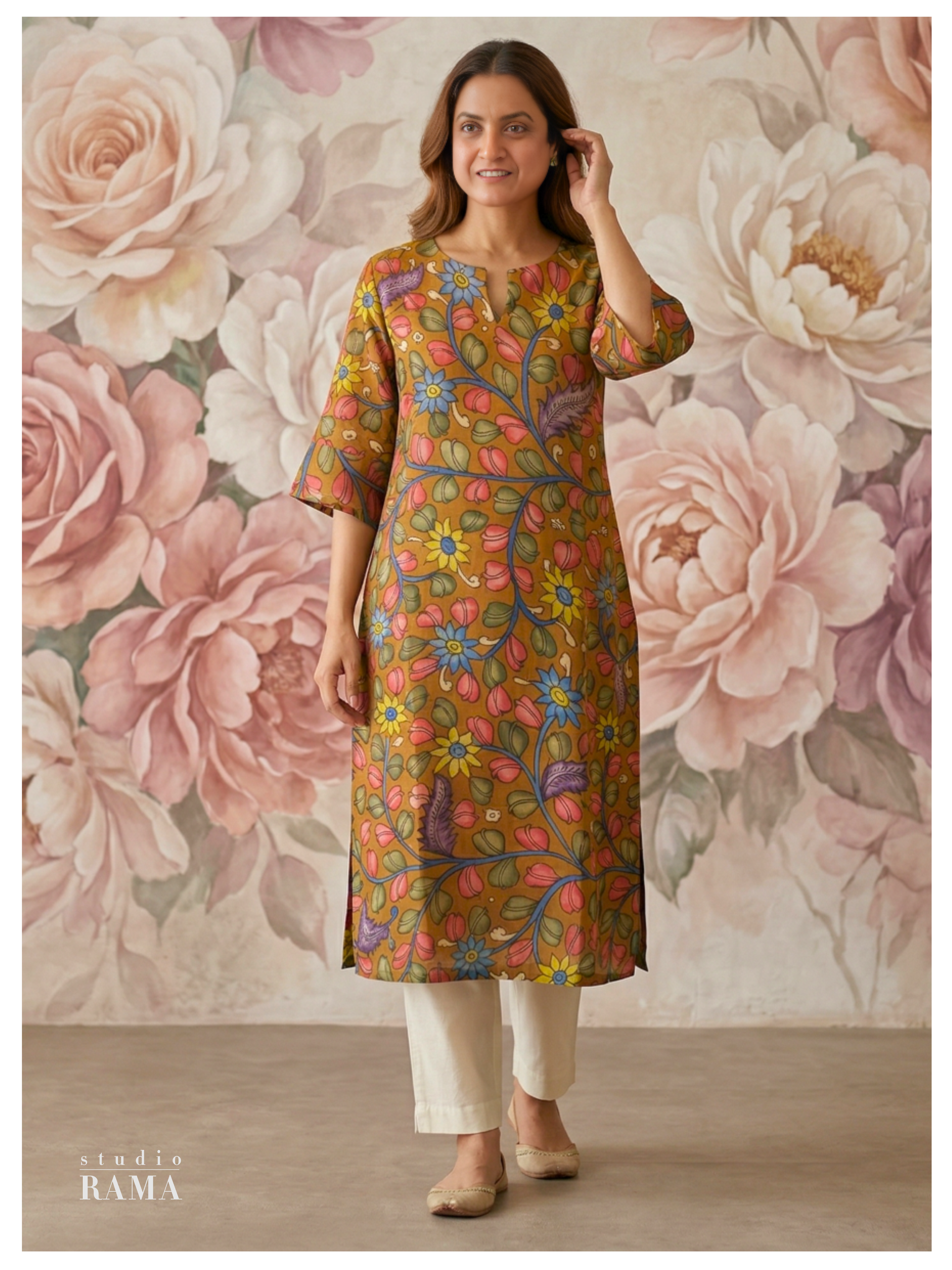 Ochre Floral Silk Cotton Kurta – Size 40(Ready Measurement)