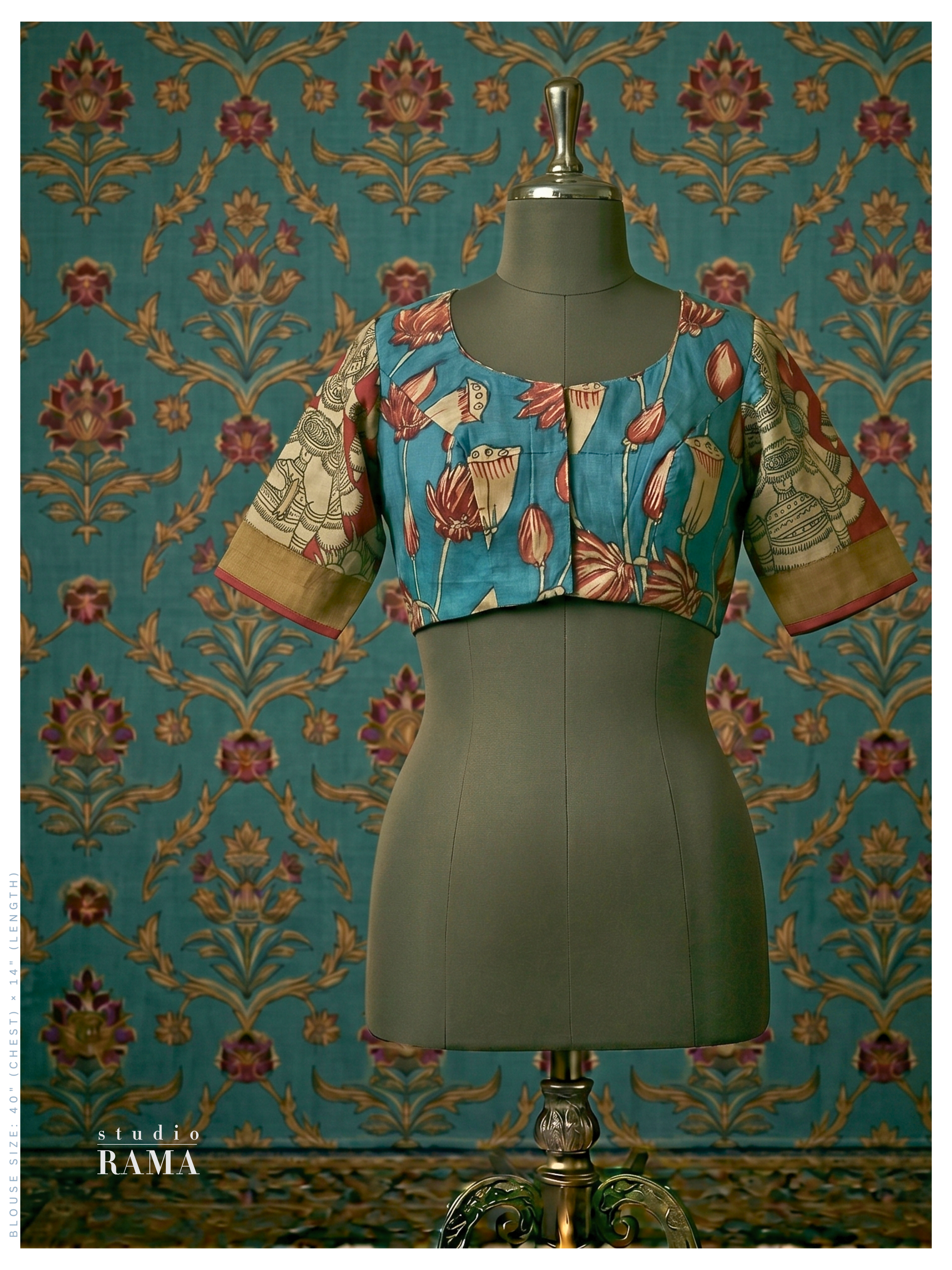 Silk Kalamkari Blouse (Chest 40") – Teal Floral with Contrast Sleeves