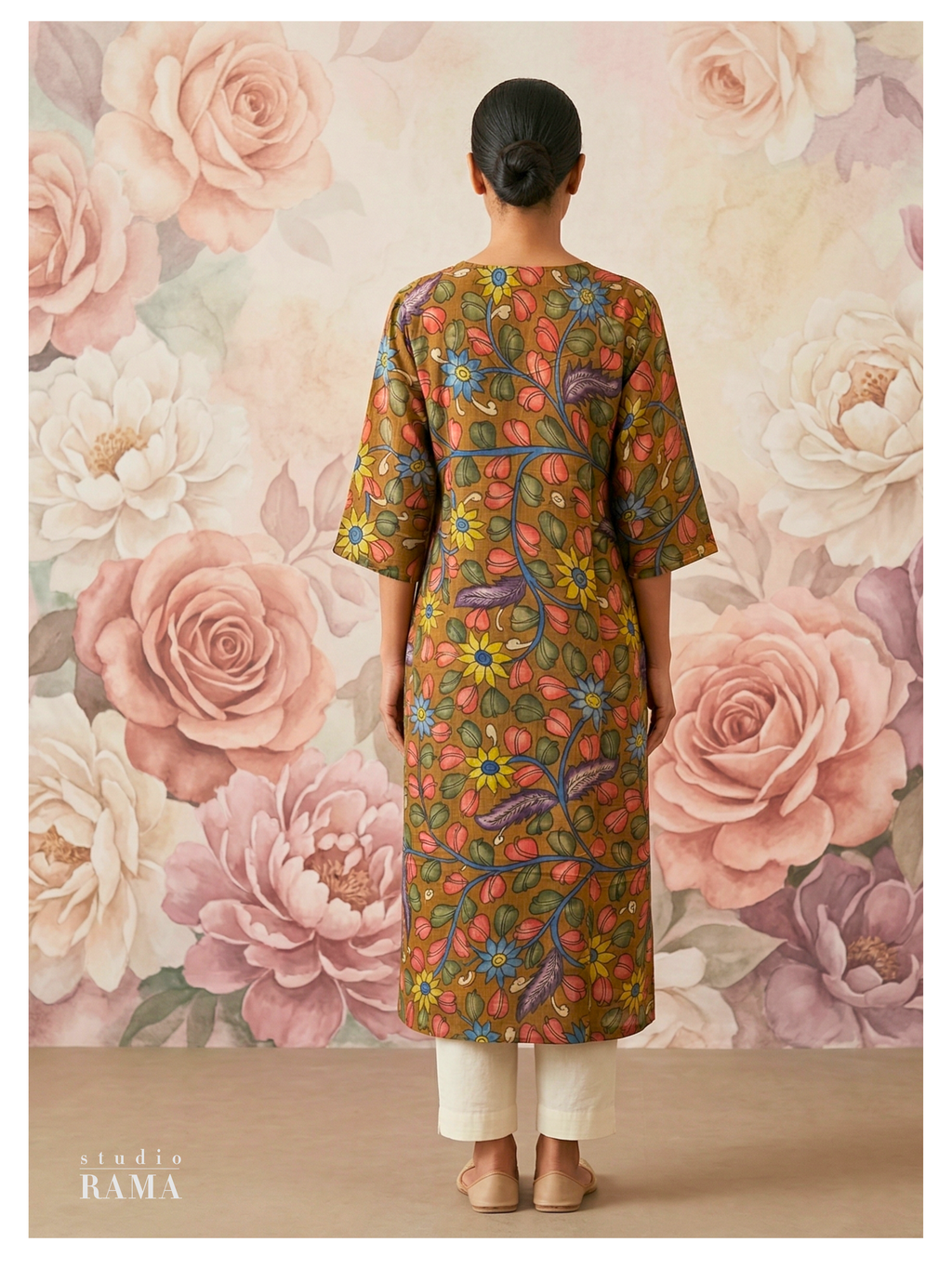 Ochre Floral Silk Cotton Kurta – Size 40(Ready Measurement)