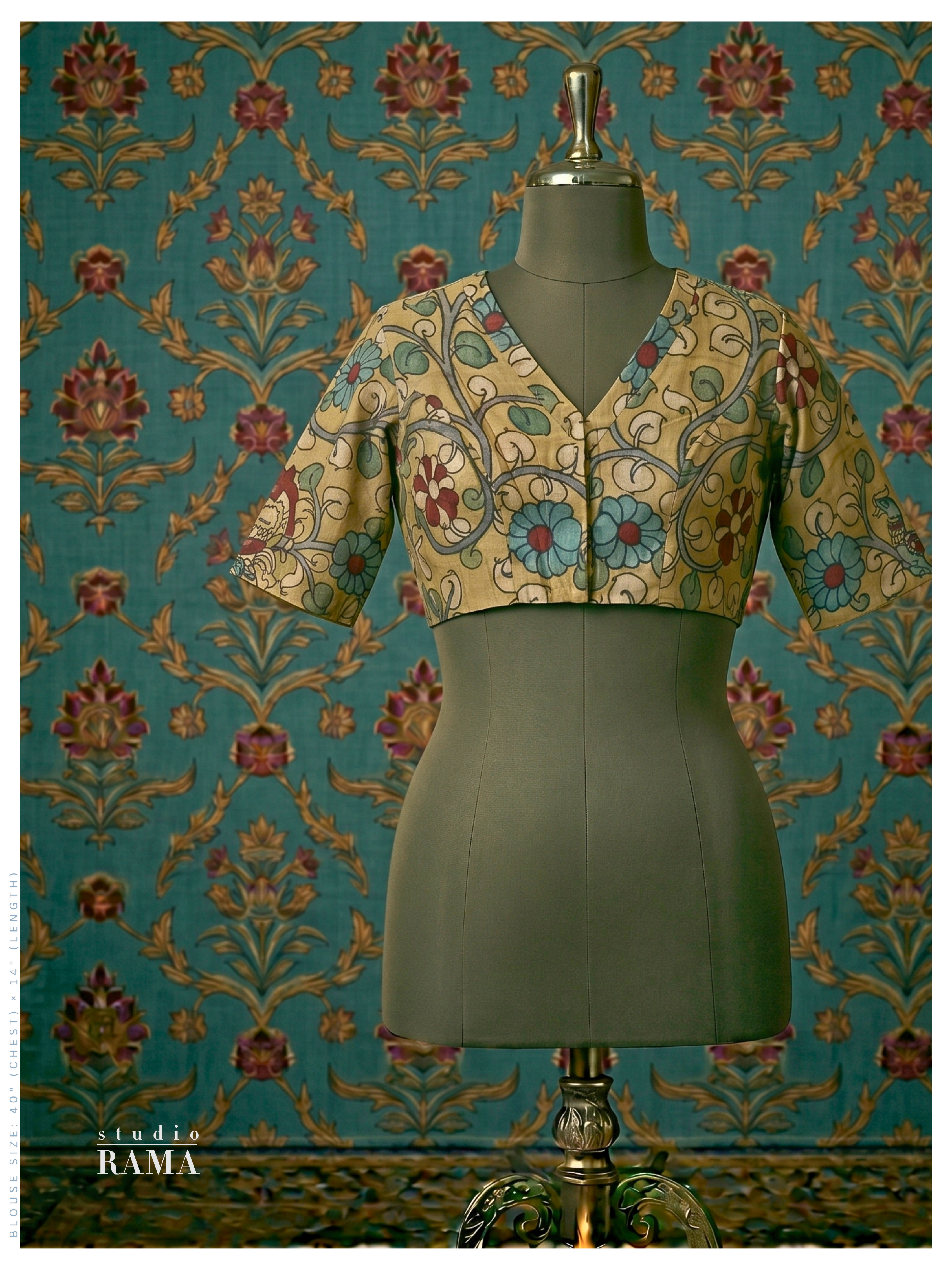 Silk Kalamkari Blouse (Chest 40") – Beige Floral Vine Print with Sleeves