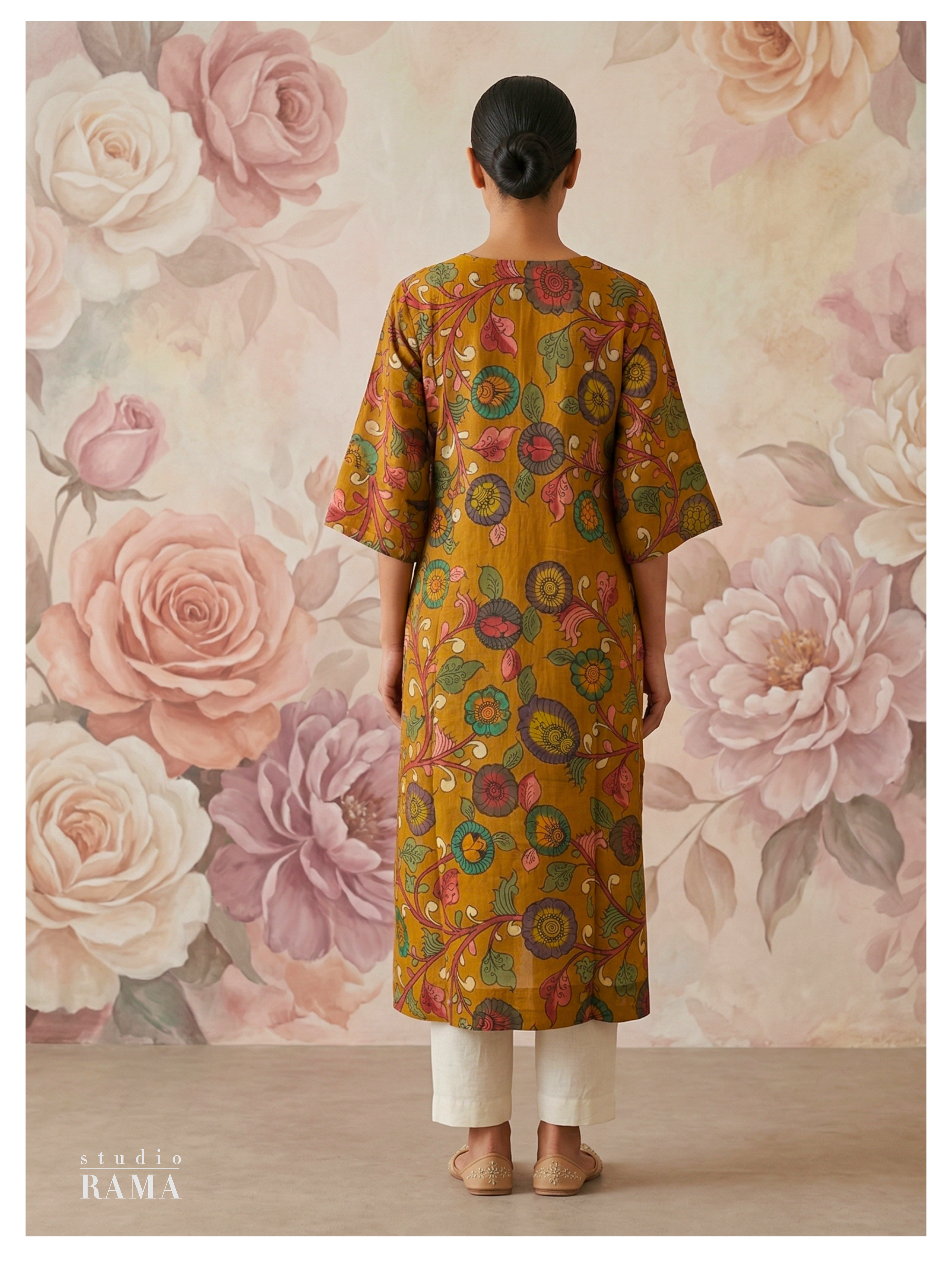 Mustard Floral Silk Cotton Kurta – Size 40 (Ready Measurement)