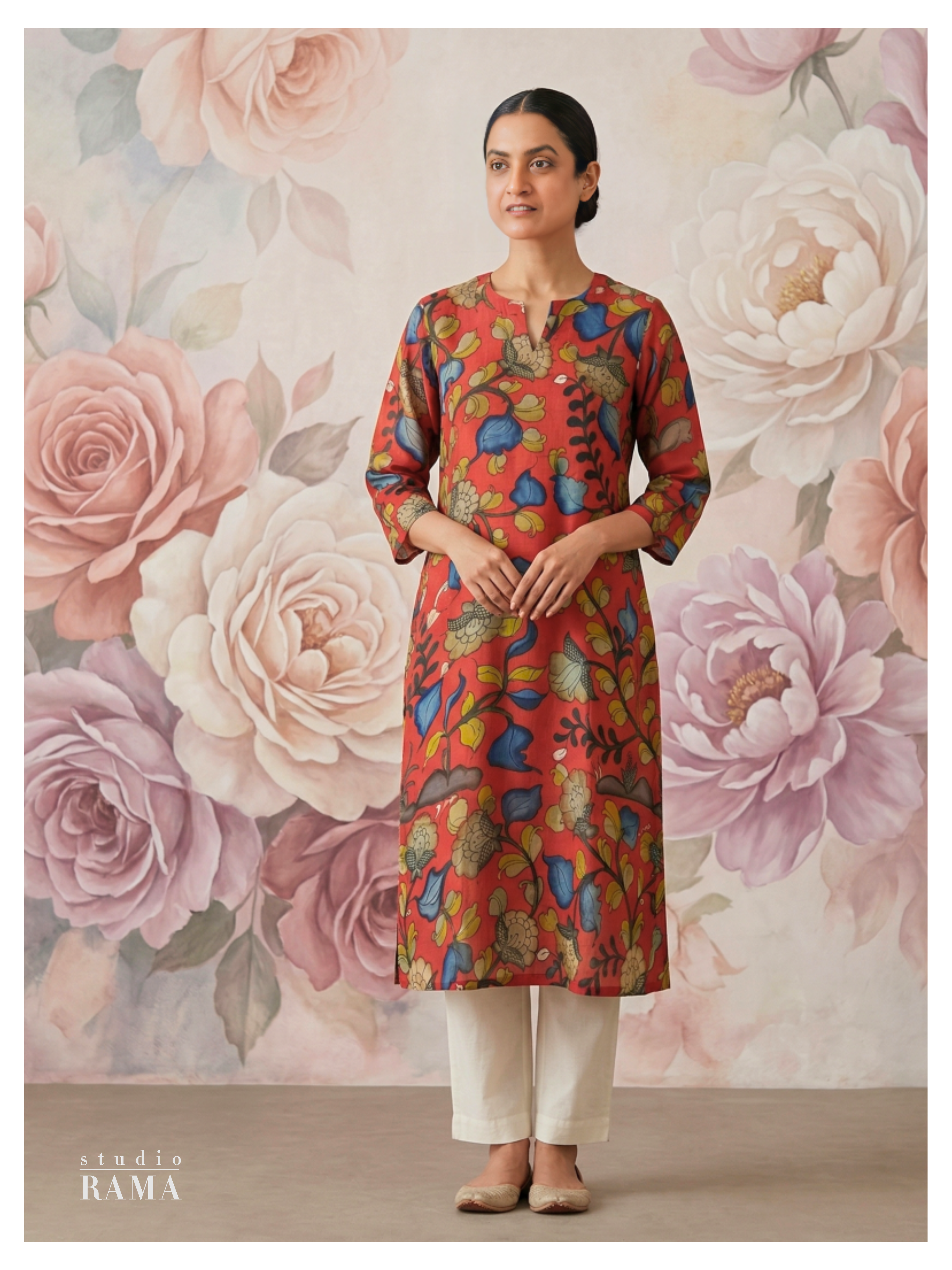 Crimson Floral Silk Cotton Kurta – Size 40