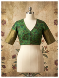 Silk Kalamkari Blouse (Chest 36") – Green Floral with Zari Sleeves