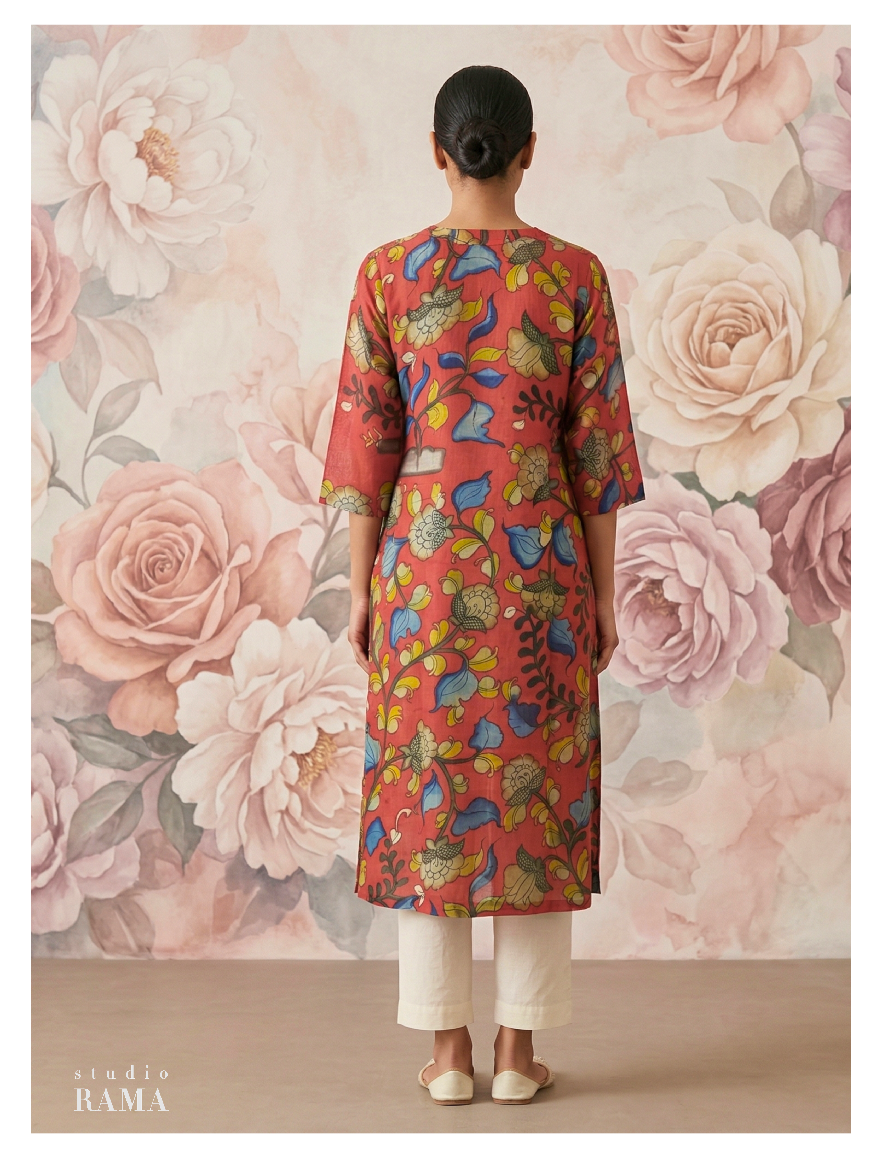 Crimson Floral Silk Cotton Kurta – Size 40