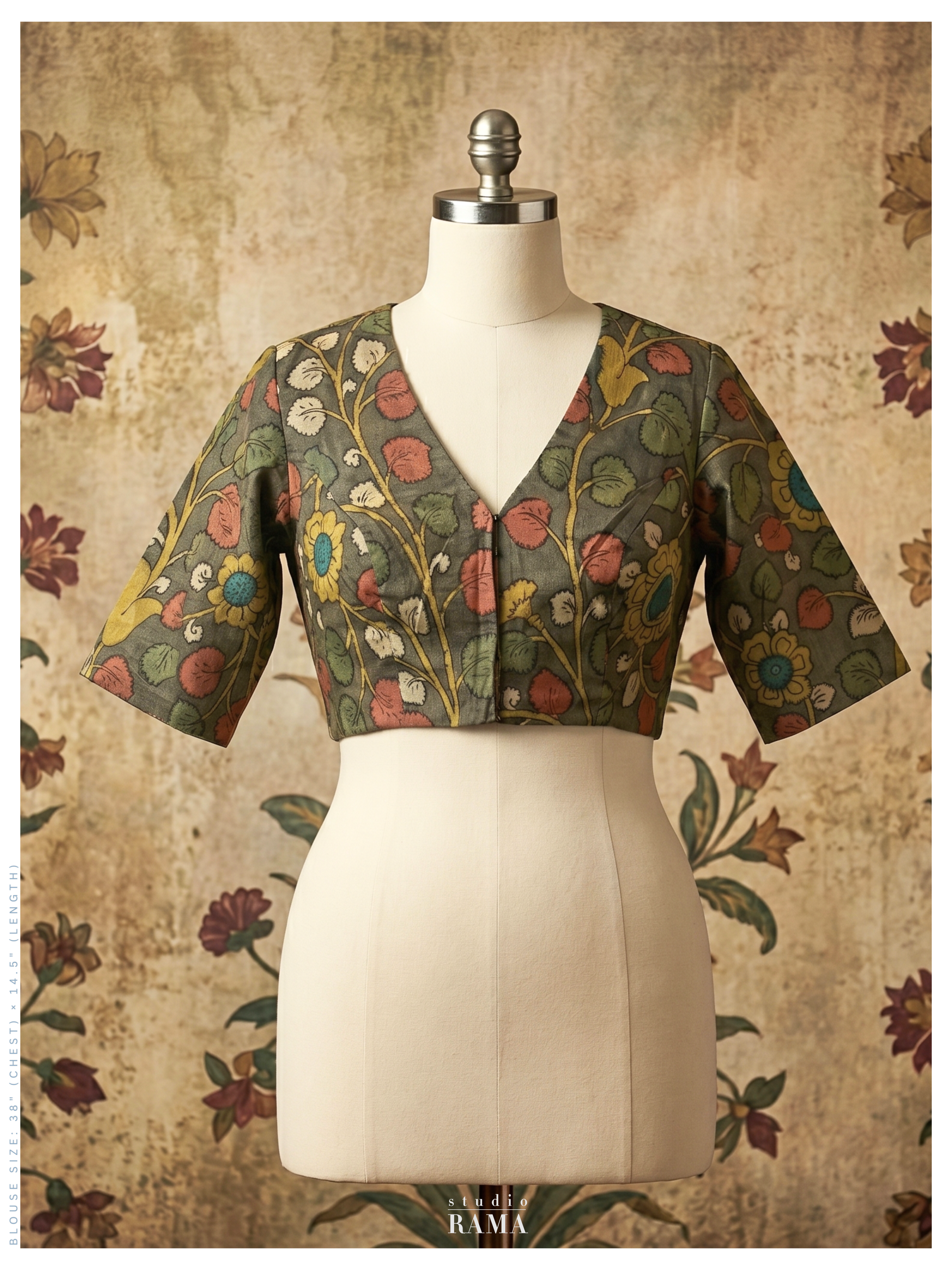 Silk Kalamkari Blouse (Chest 38") – Olive Floral Print