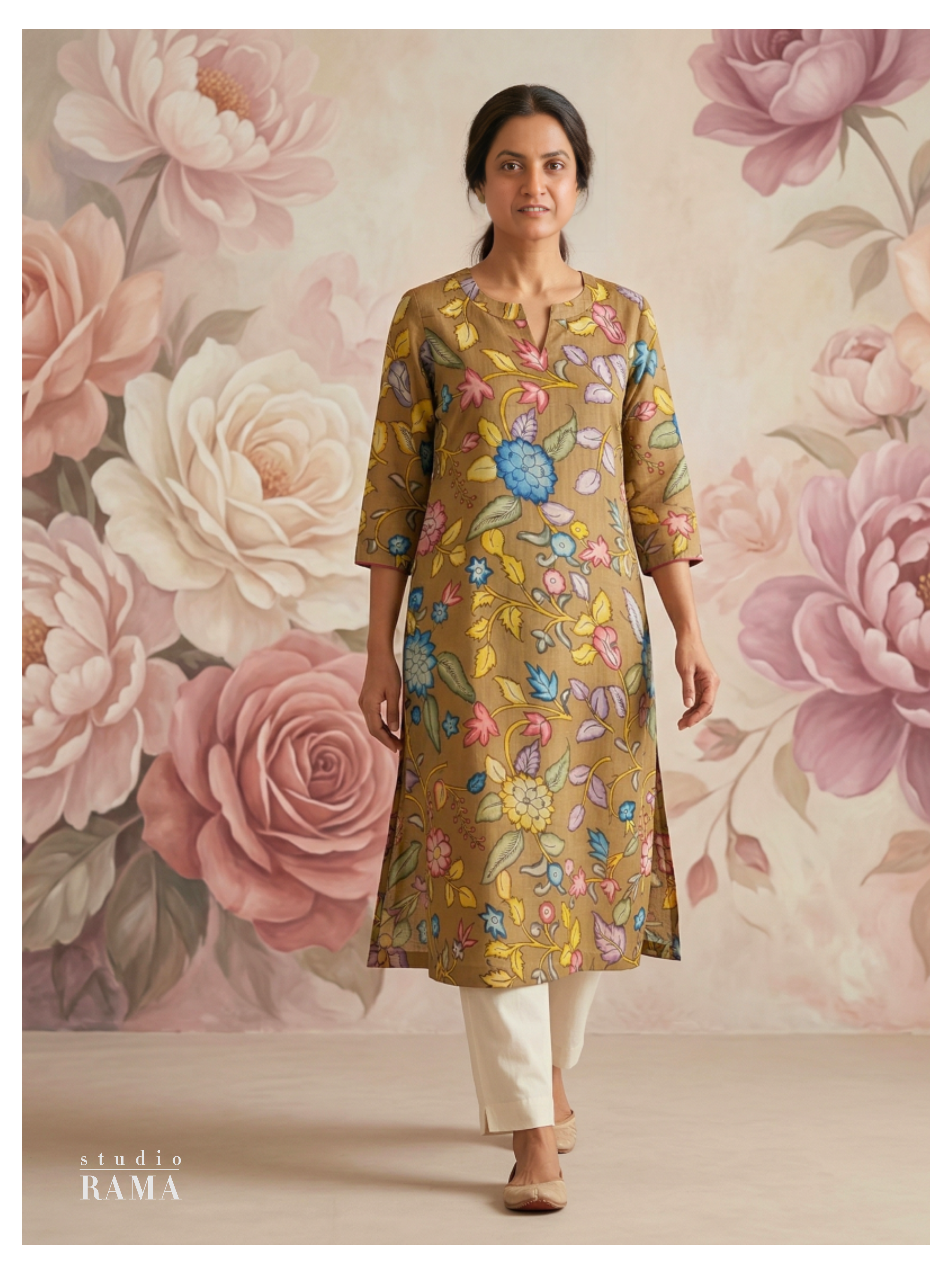 Taupe Floral Silk Cotton Kurta – Size 40 (Ready Measurement)