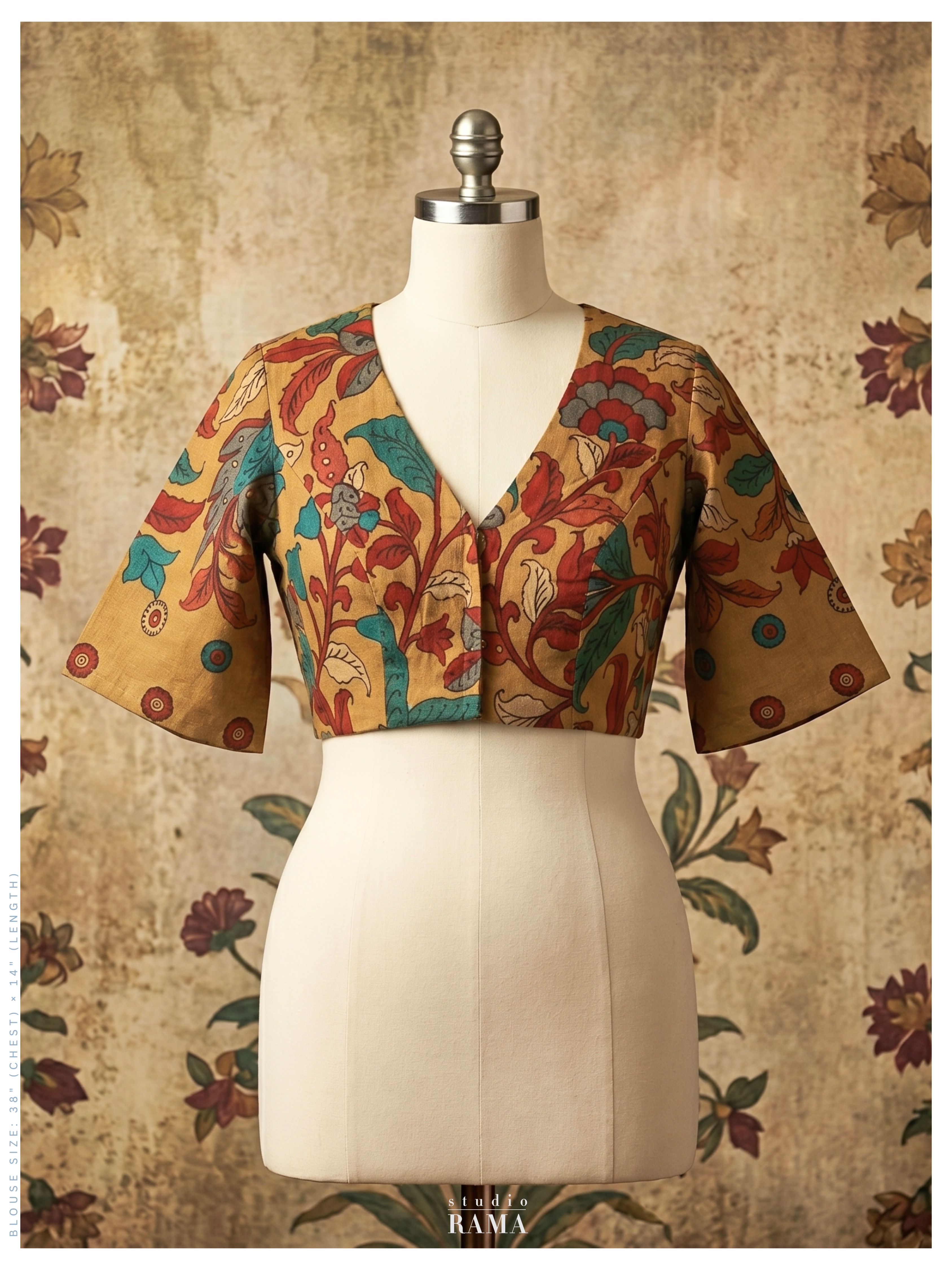 Silk Kalamkari Blouse (Chest 38") – Mustard Floral Vine Print with Sleeves