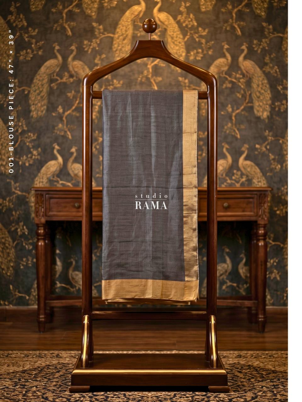 Kosa Tussar Silk Blouse Piece – Charcoal Grey with Gold Border