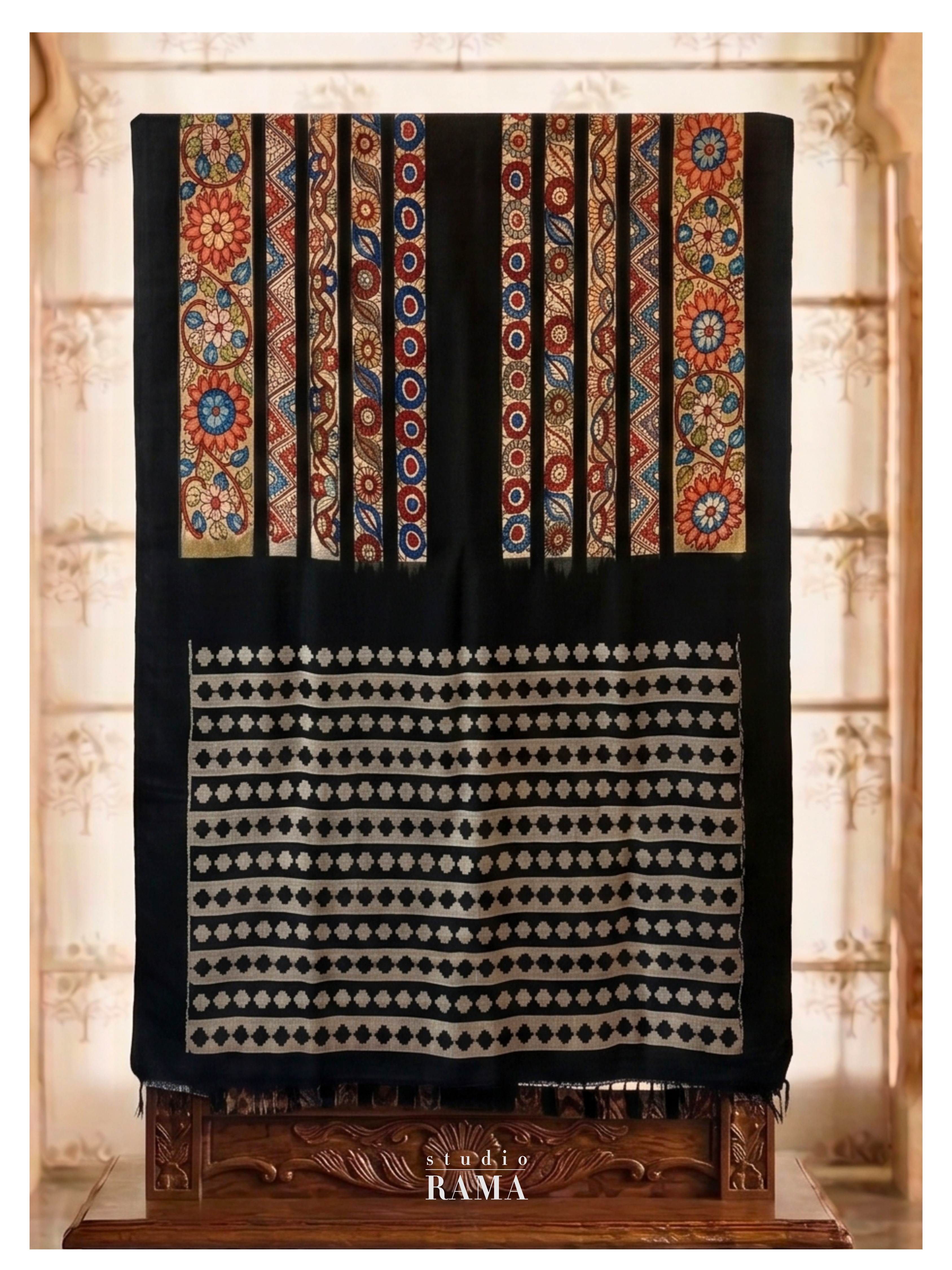 Ikkat Silk Saree – Black Base with Multicolour Geometric & Floral Panel