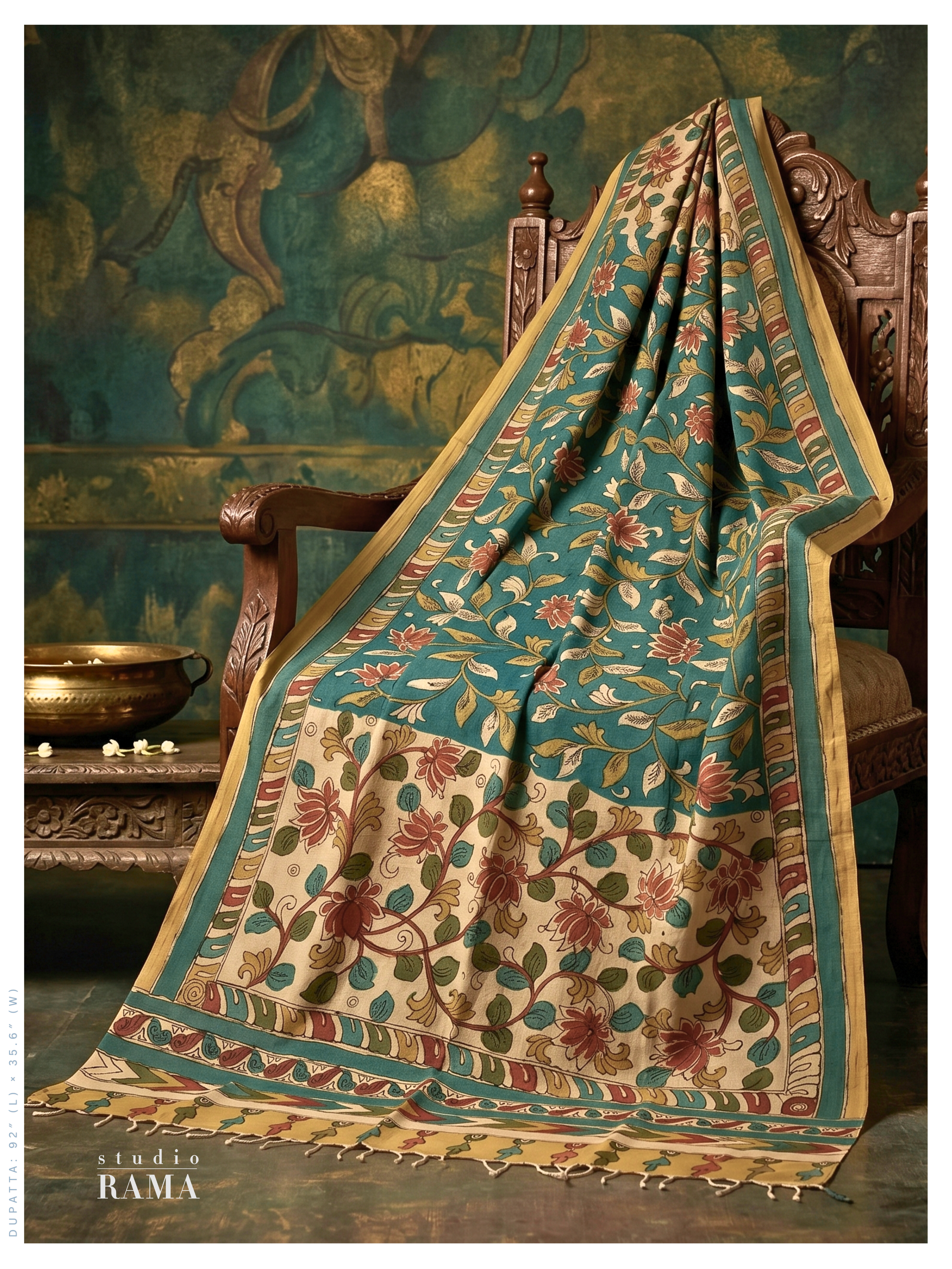 Handpainted Kalamkari Dupatta – Teal Heritage Edit
