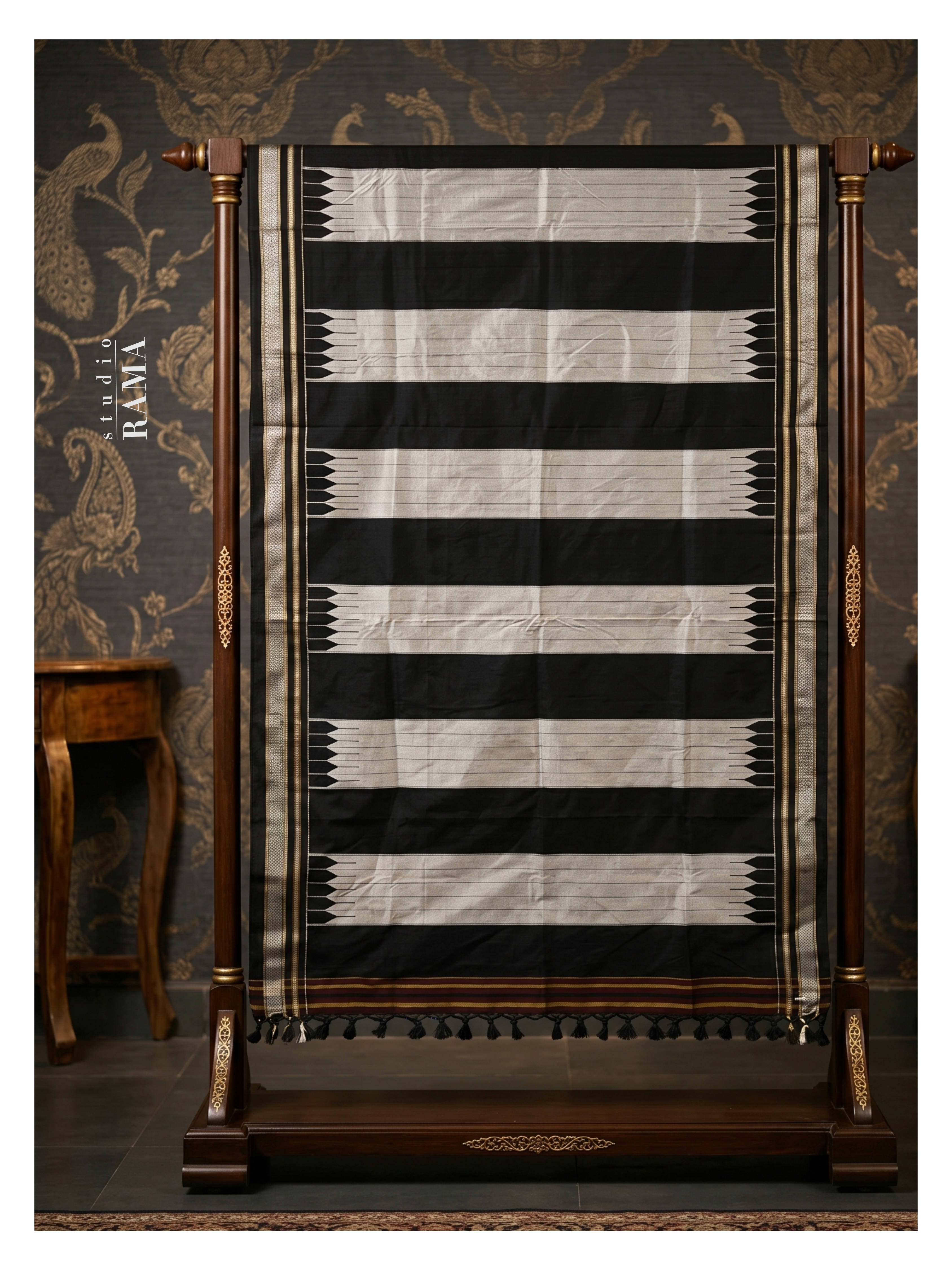Title  Ilkal Silk Saree – Black & Ivory Striped Elegance with Traditional Border