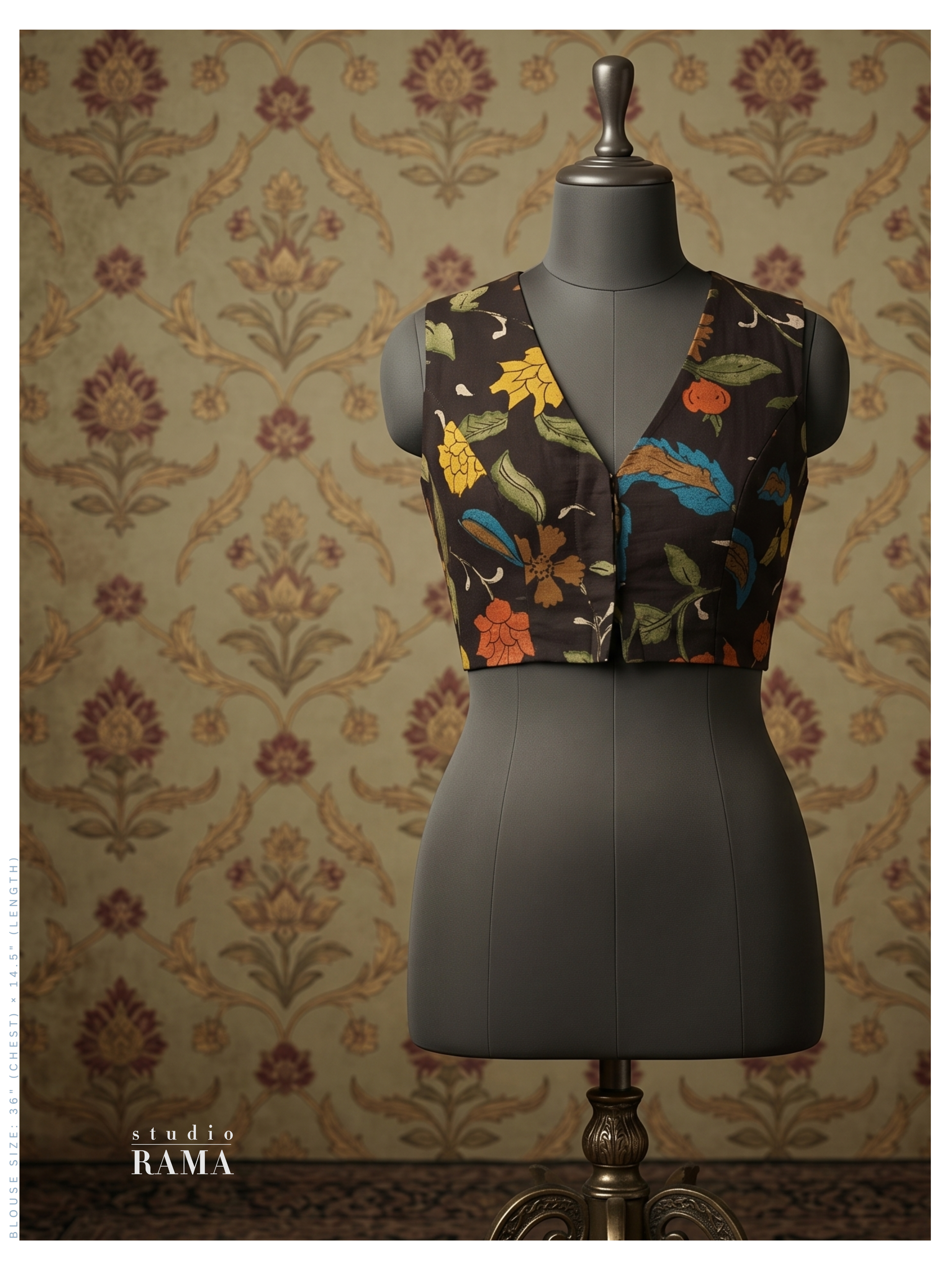 Silk Cotton Kalamkari Blouse (Chest 36") – Black Floral Print
