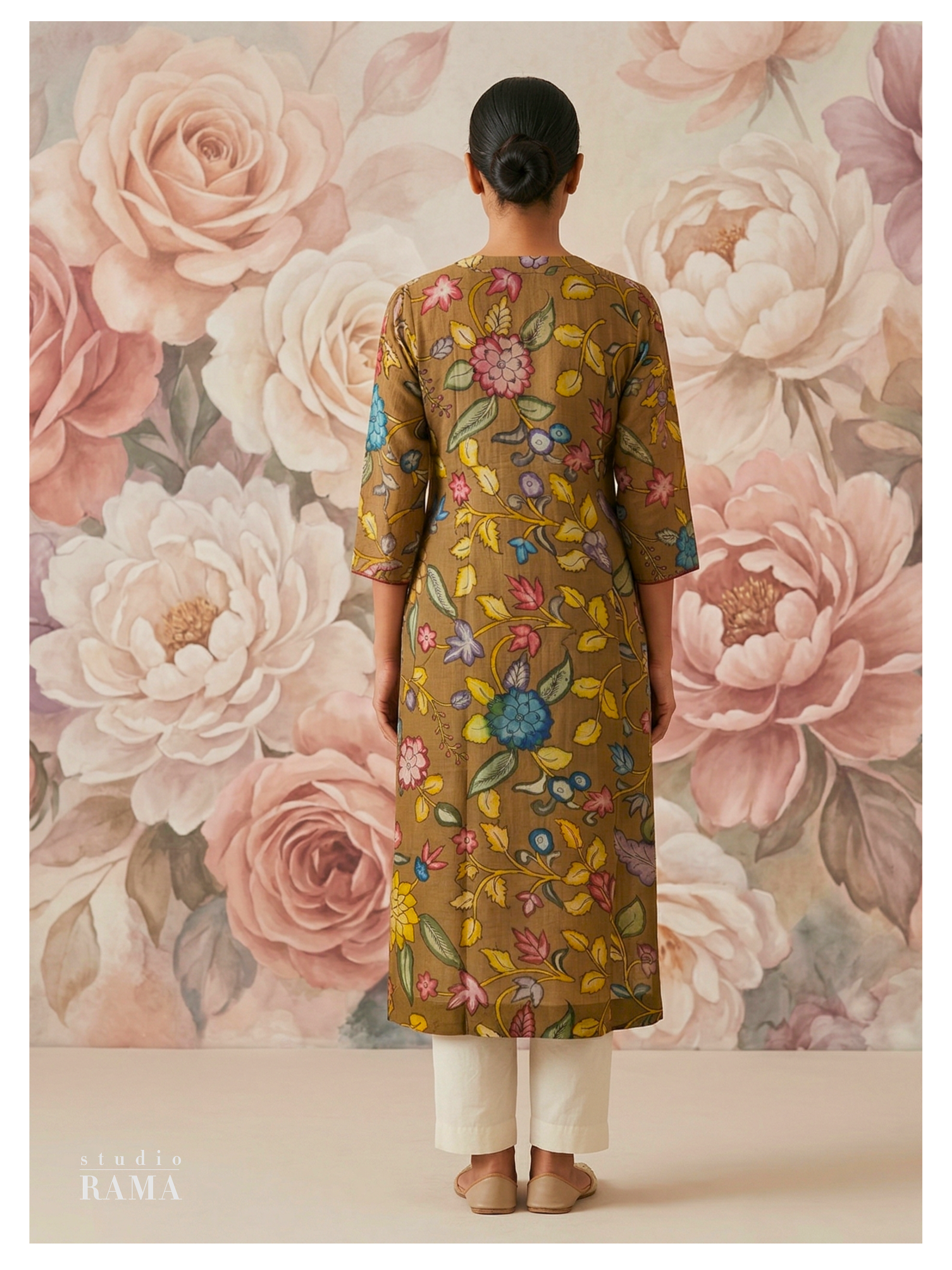 Taupe Floral Silk Cotton Kurta – Size 40 (Ready Measurement)