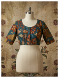 Silk Kalamkari Blouse (Chest 40") – Teal Floral & Bird Motif with Sleeves