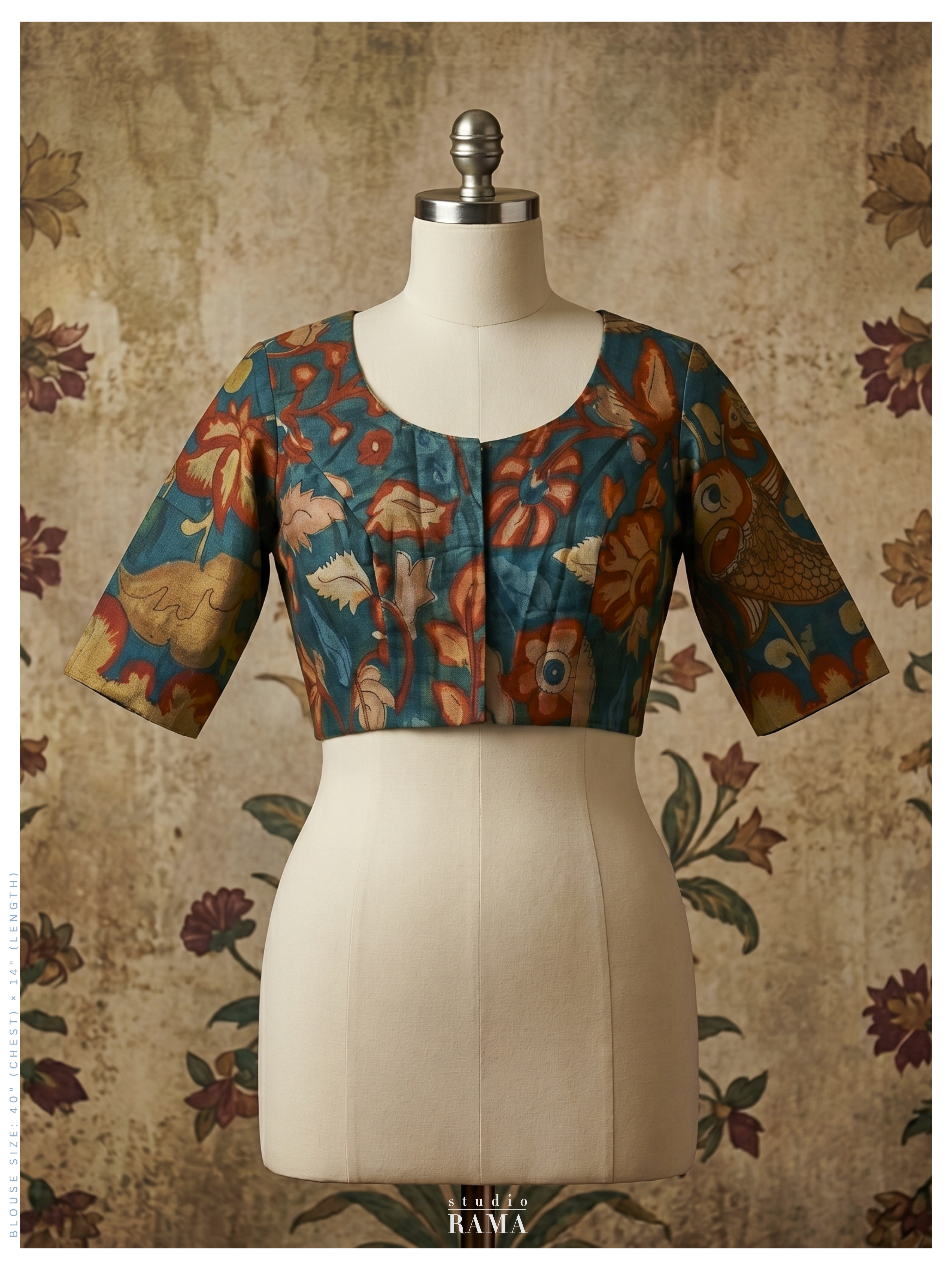 Silk Kalamkari Blouse (Chest 40") – Teal Floral & Bird Motif with Sleeves