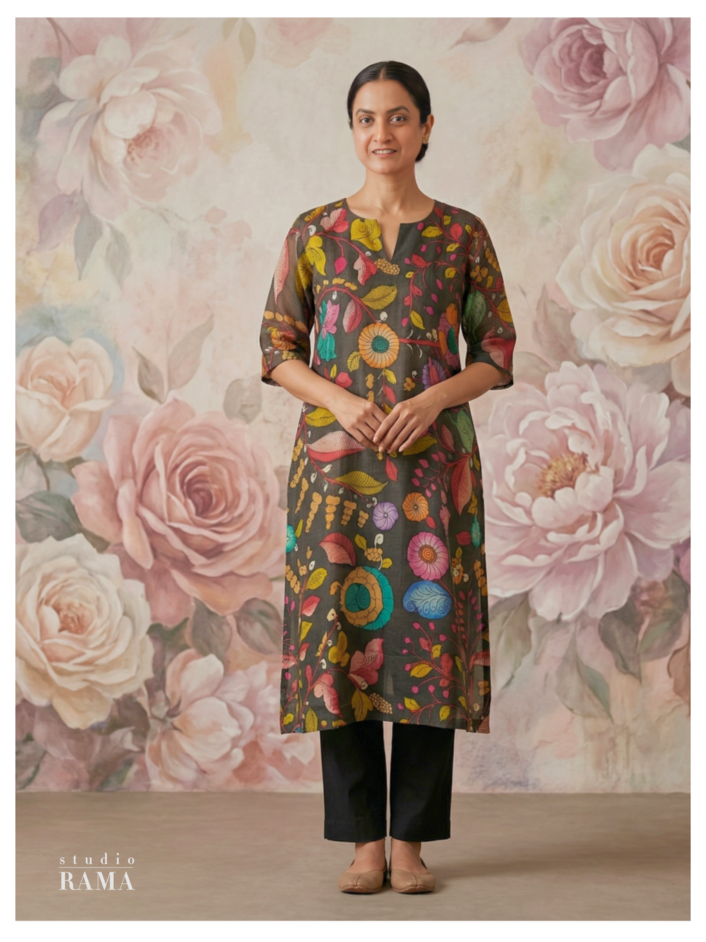 Deep Olive Floral Silk Cotton Kurta – Size 40 (Ready Measurement)