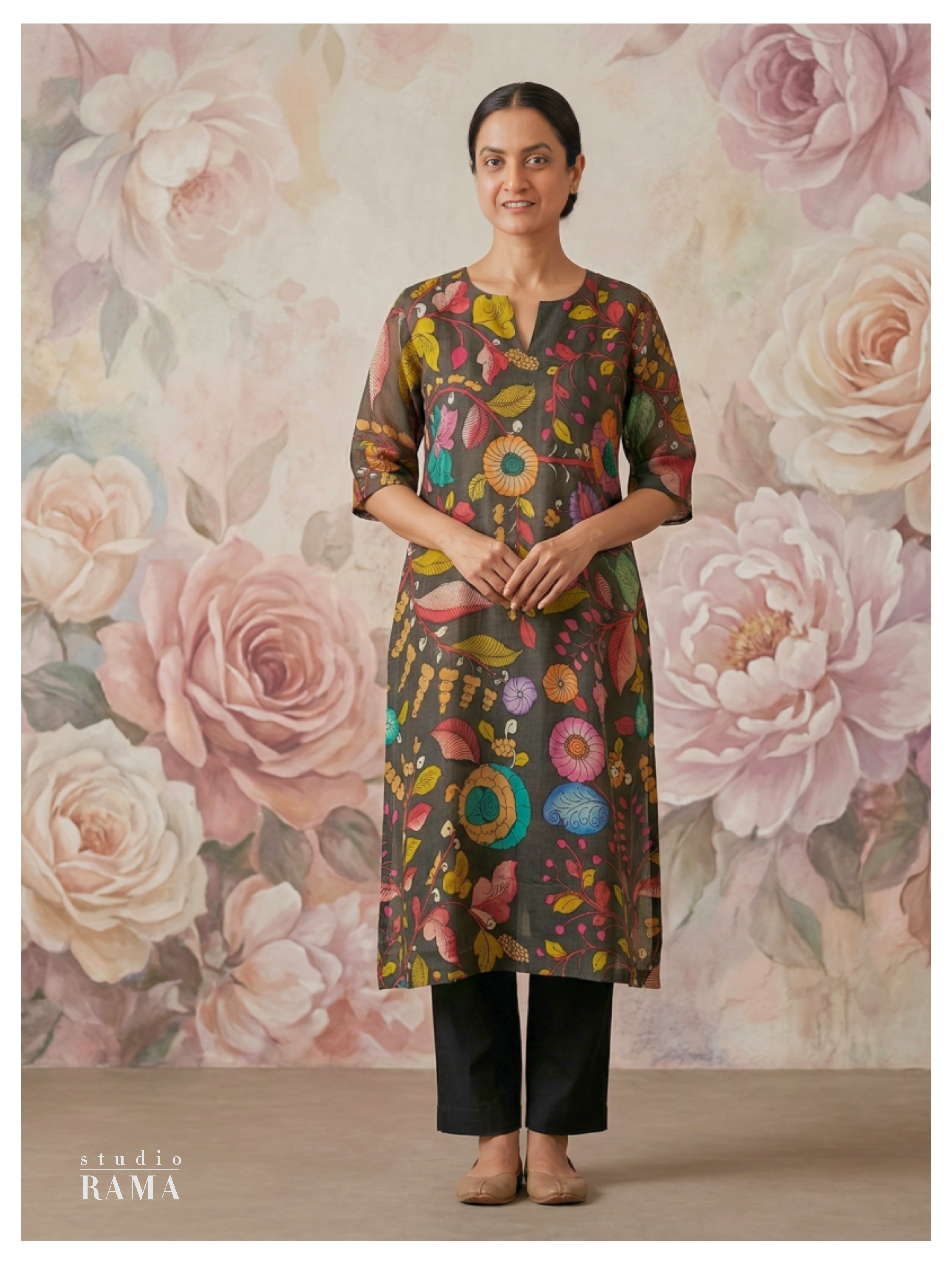 Deep Olive Floral Silk Cotton Kurta – Size 40