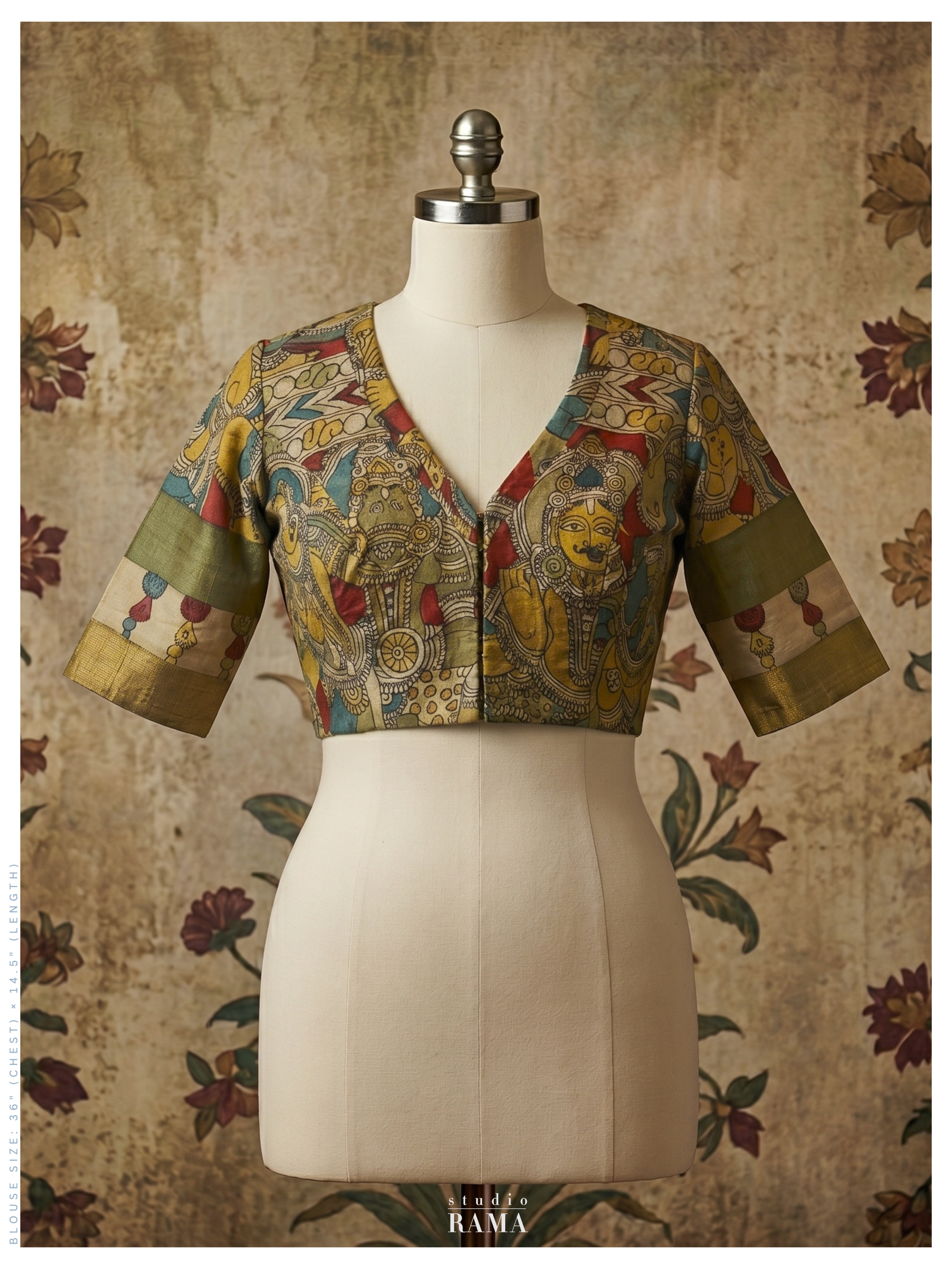 Silk Kalamkari Blouse (Chest 36") – Heritage Narrative Motif with Zari Sleeve Border