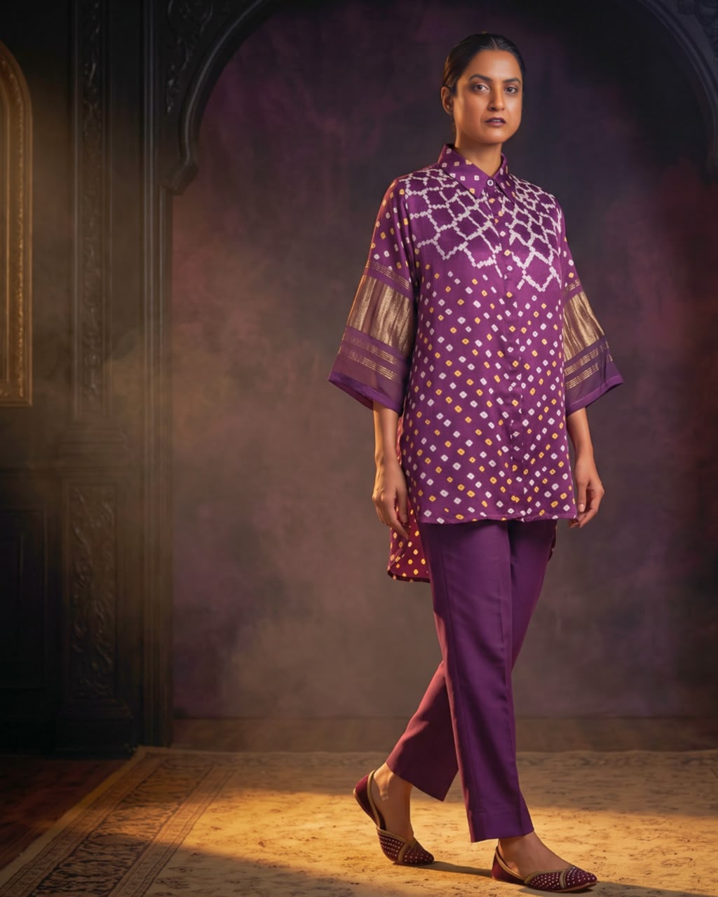 Bandhani Gajji Silk Tunic Only –Purple | Women's Designer Ethnic Tunic