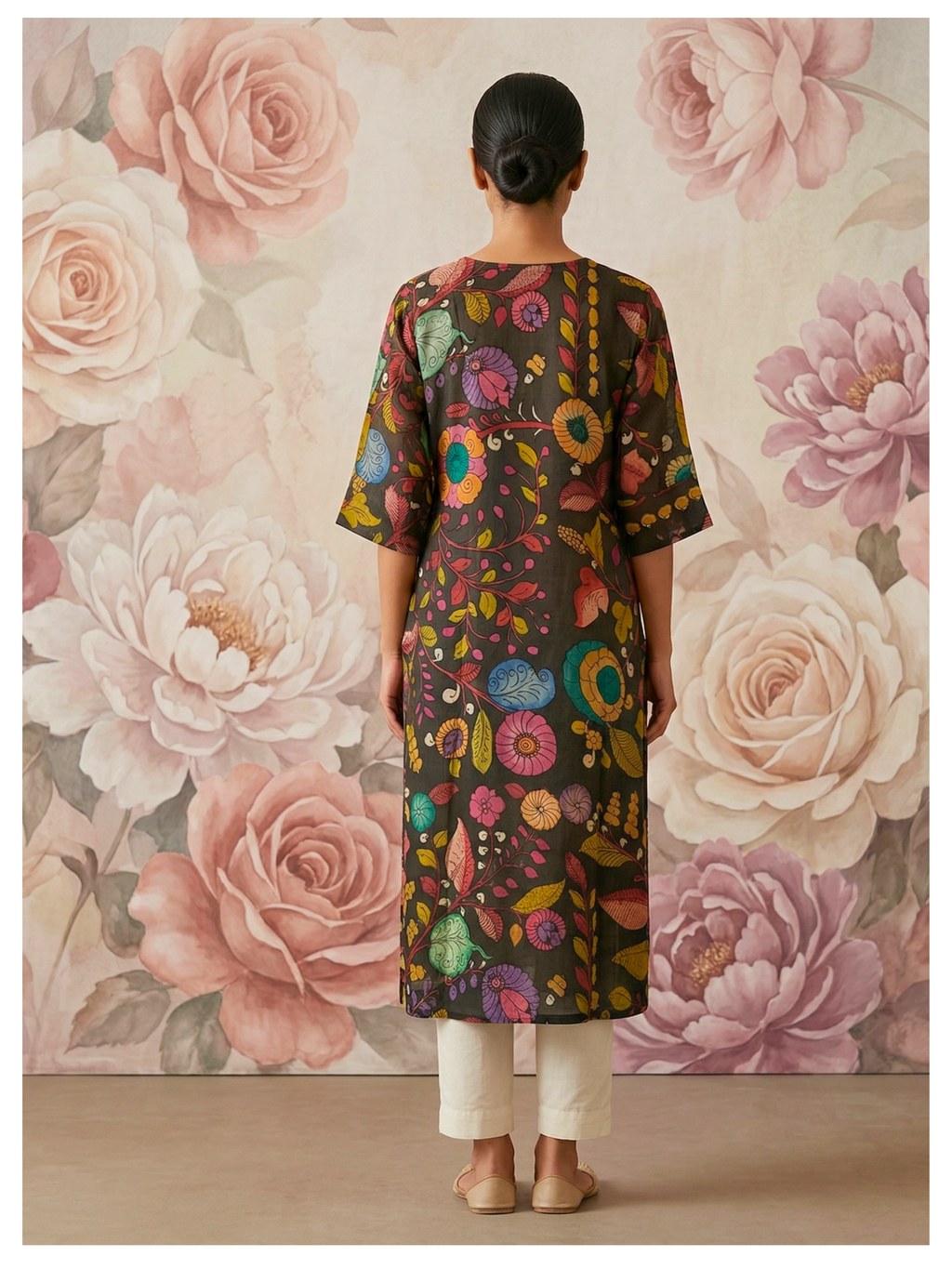 Deep Olive Floral Silk Cotton Kurta – Size 40 (Ready Measurement)