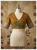 Silk Kalamkari Blouse (Chest 34") – Rust Floral Vine Motif with Zari Sleeve Border