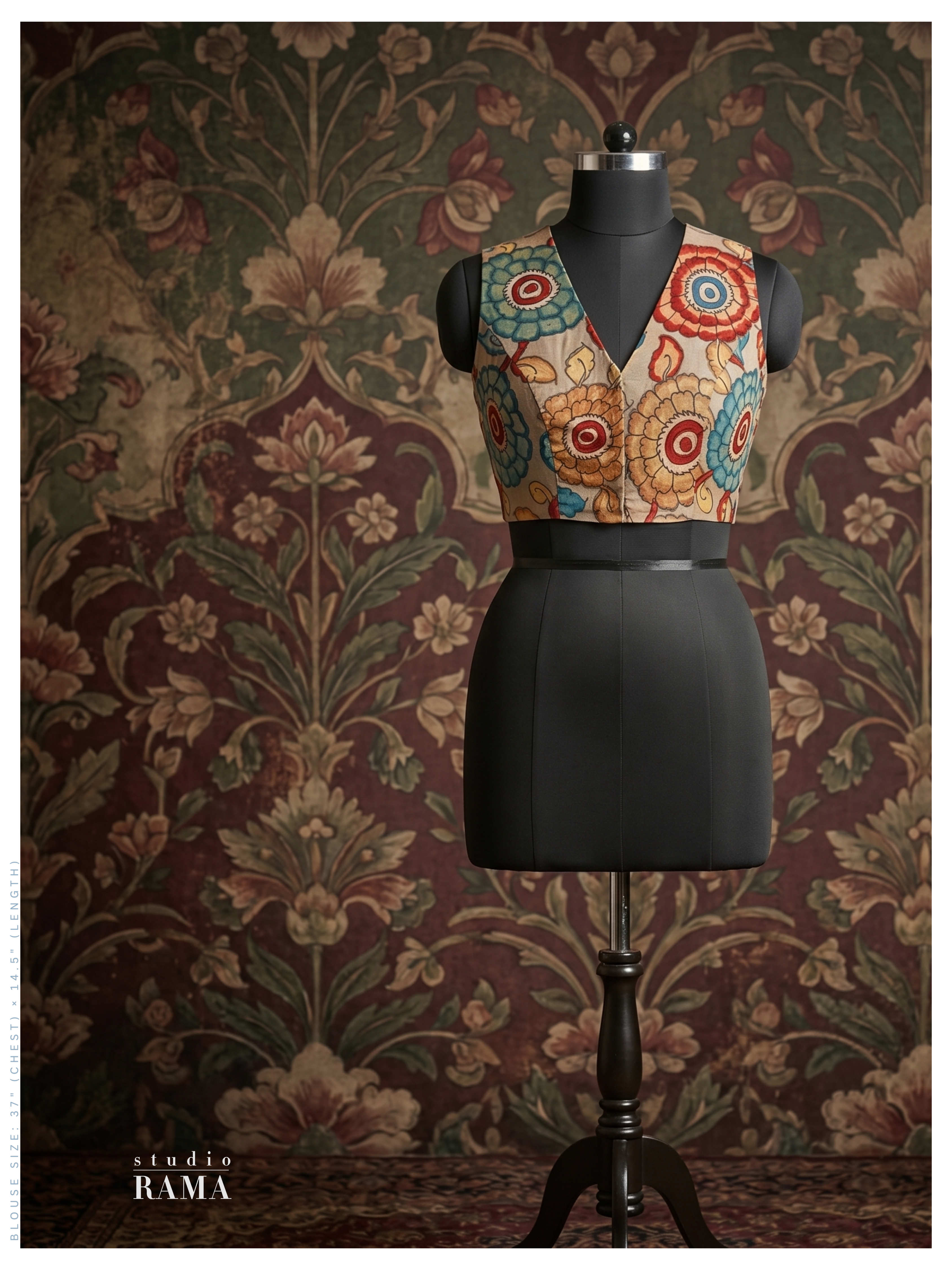Silk Kalamkari Blouse (Chest 37") – Multicolour Floral Motif Sleeveless Design