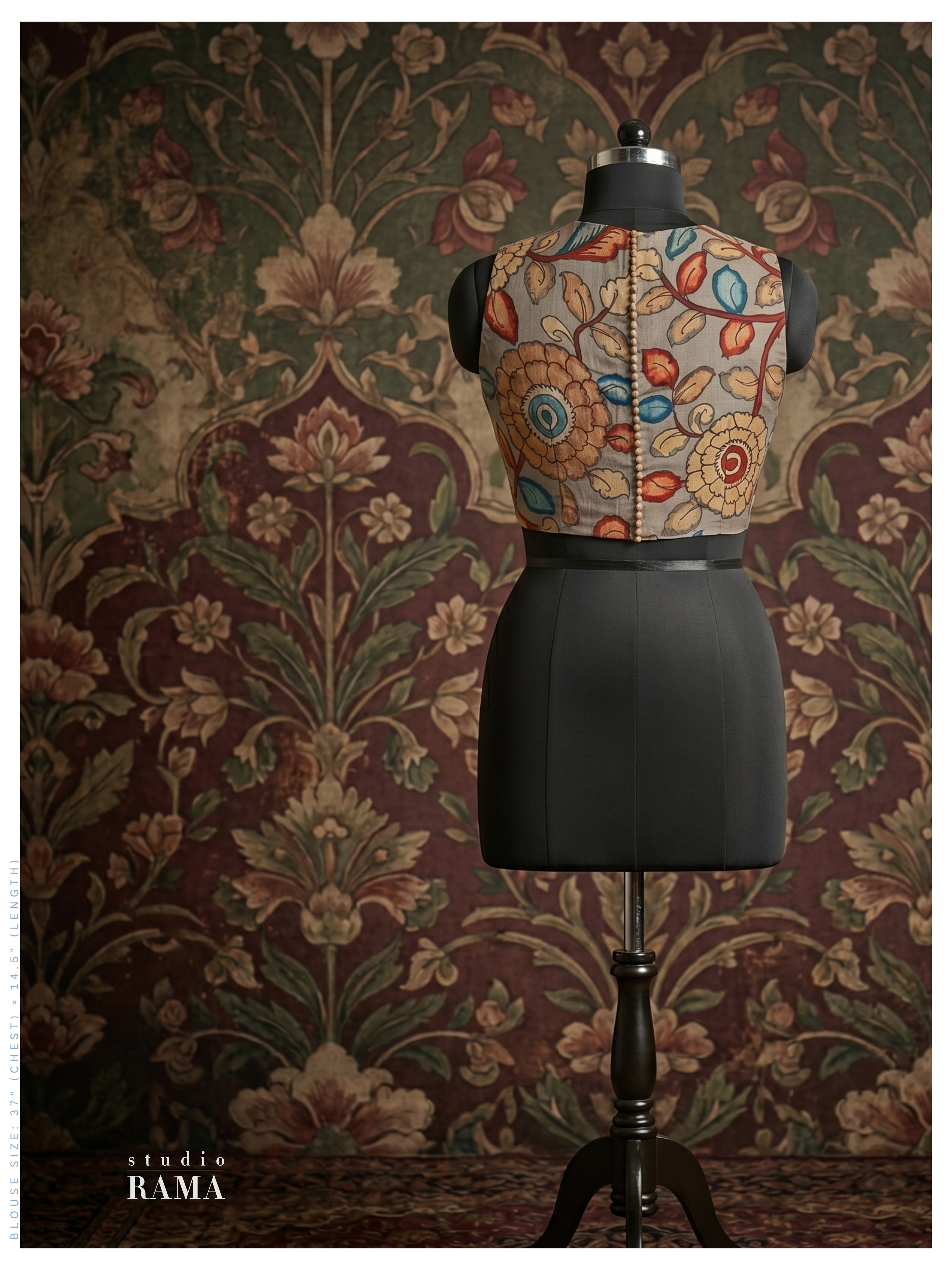 Silk Kalamkari Blouse (Chest 37") – Multicolour Floral Motif Sleeveless Design