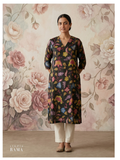 Midnight Floral Silk Cotton Kurta – Size 40 (Ready Measurement)