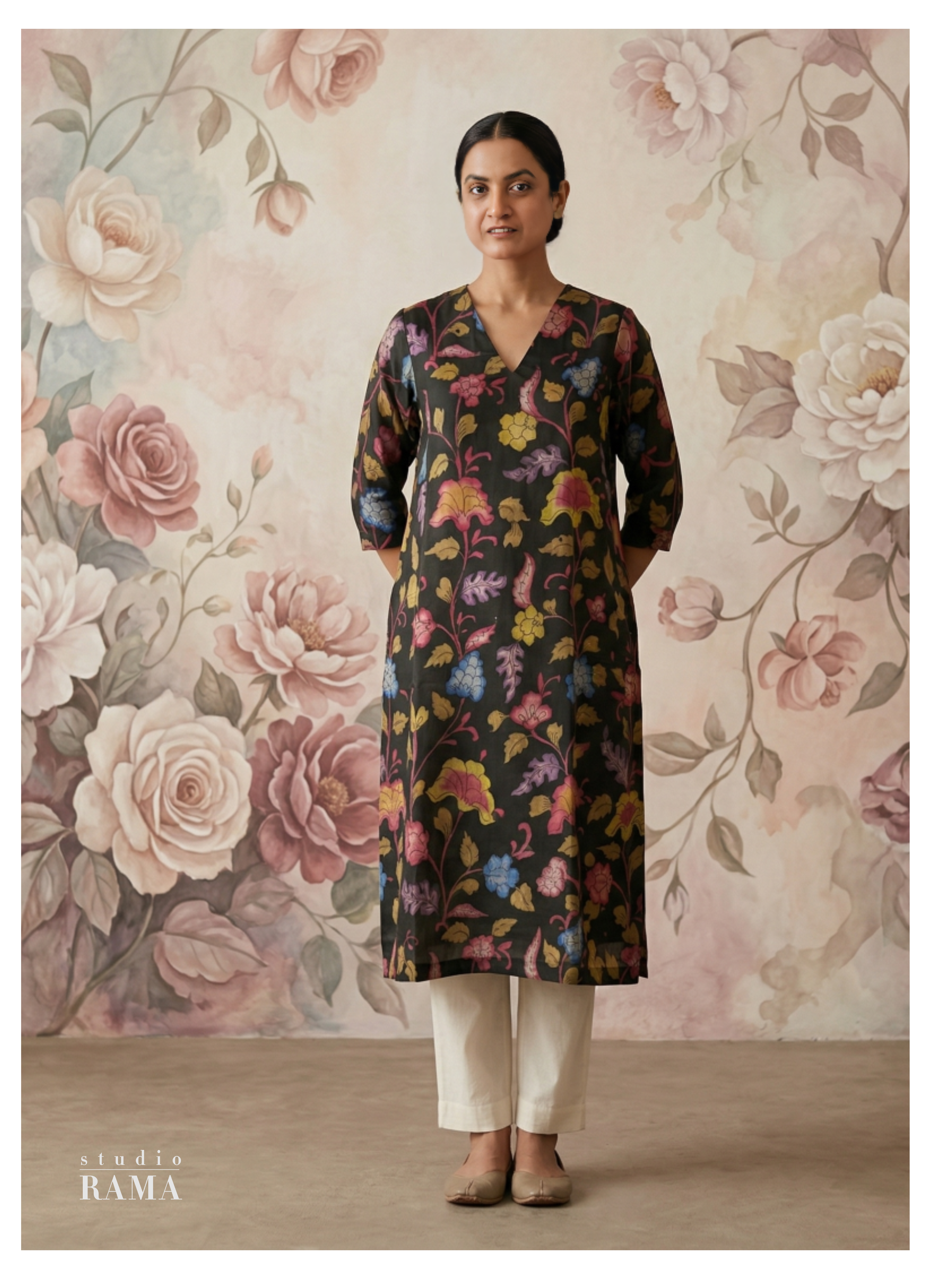Midnight Floral Silk Cotton Kurta – Size 40