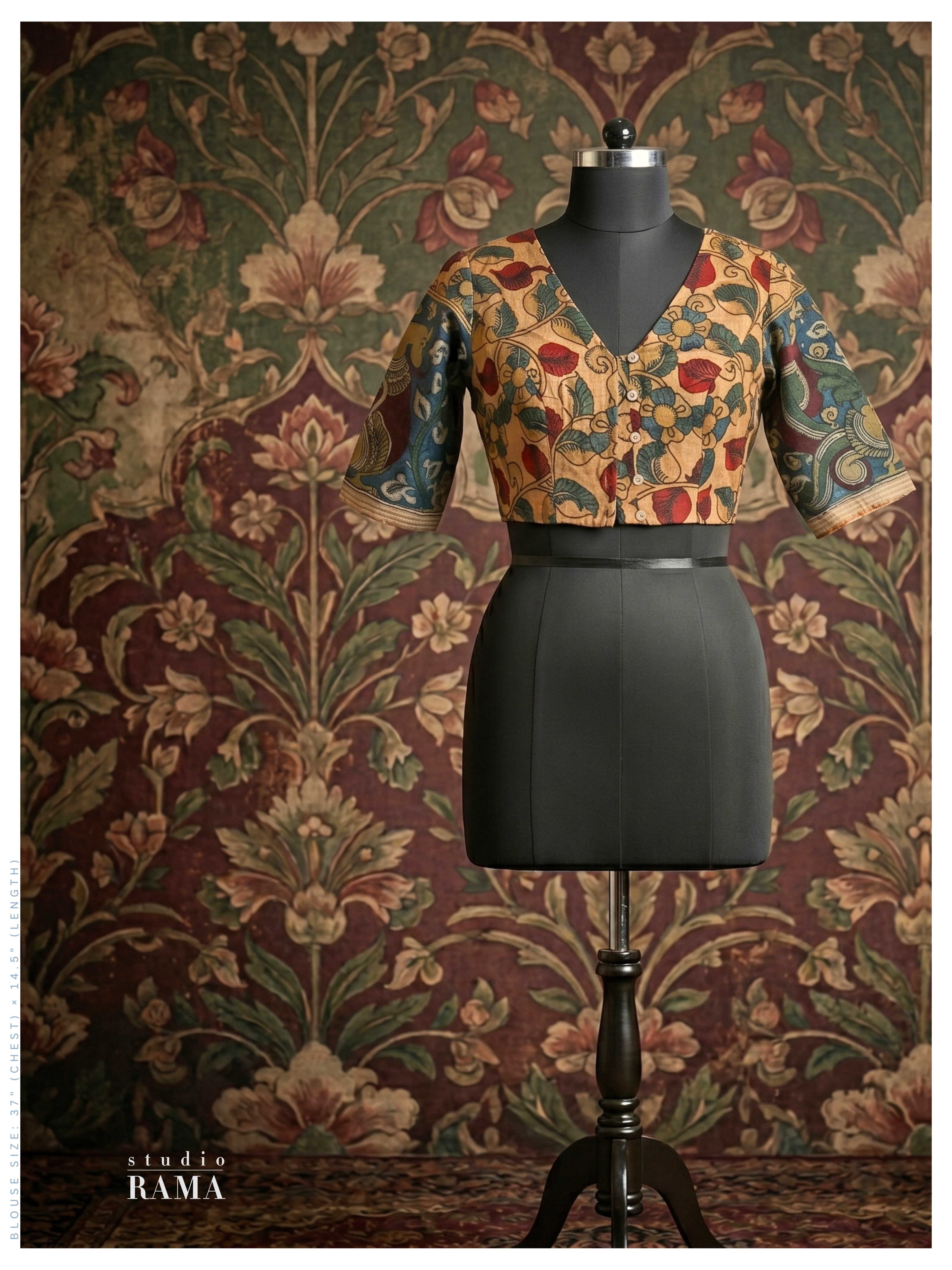 Cotton Kalamkari Blouse (Chest 37") – Multicolour Floral Motif with Elbow Sleeves