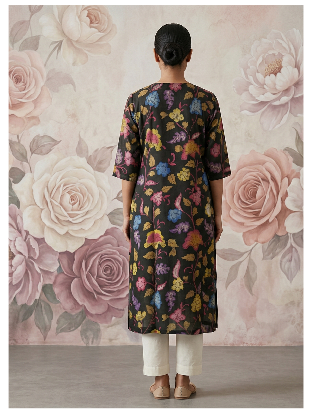 Midnight Floral Silk Cotton Kurta – Size 40 (Ready Measurement)
