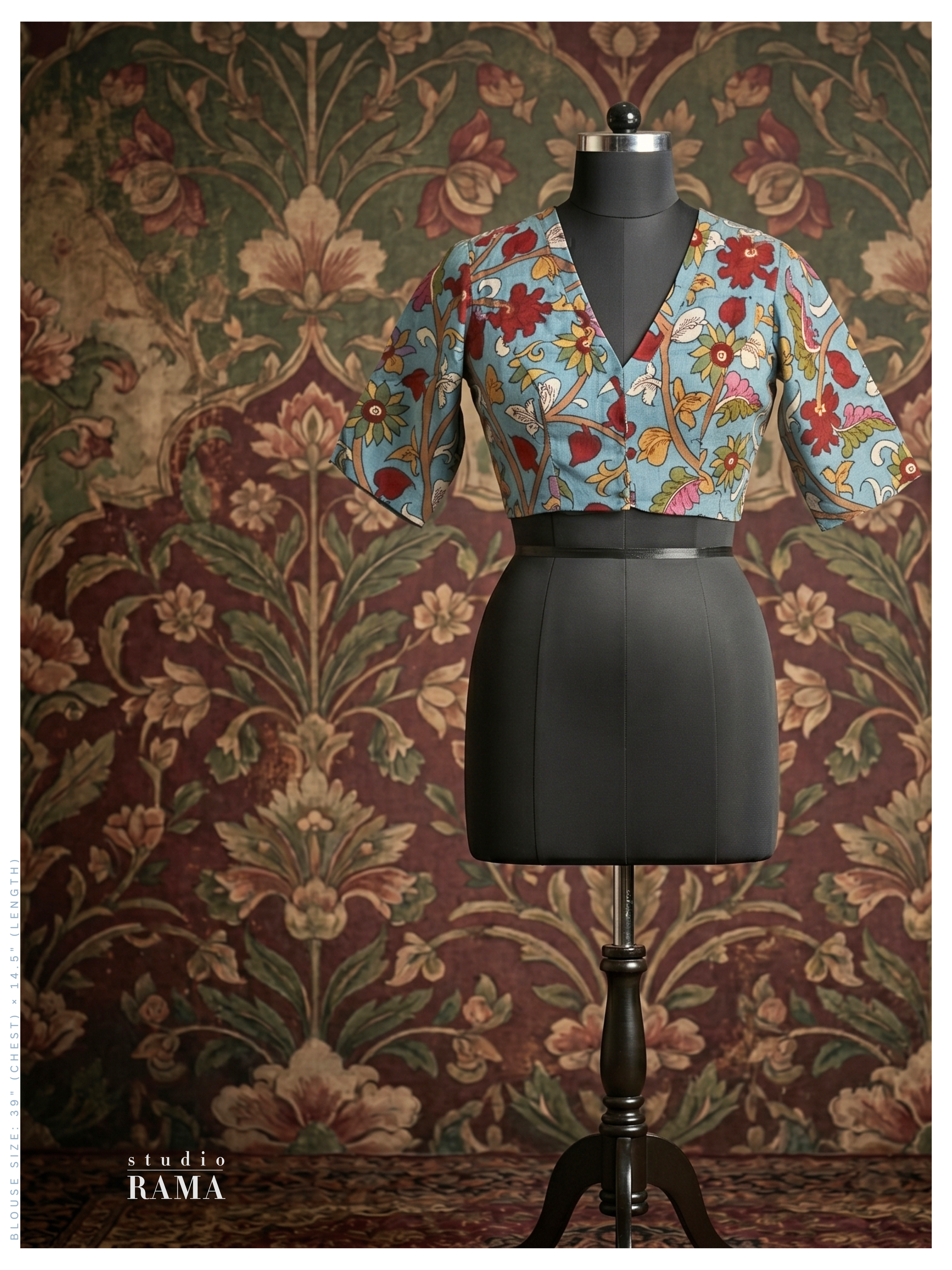 Silk Cotton Kalamkari Blouse (Chest 39") – Blue Floral Motif with Elbow Sleeves