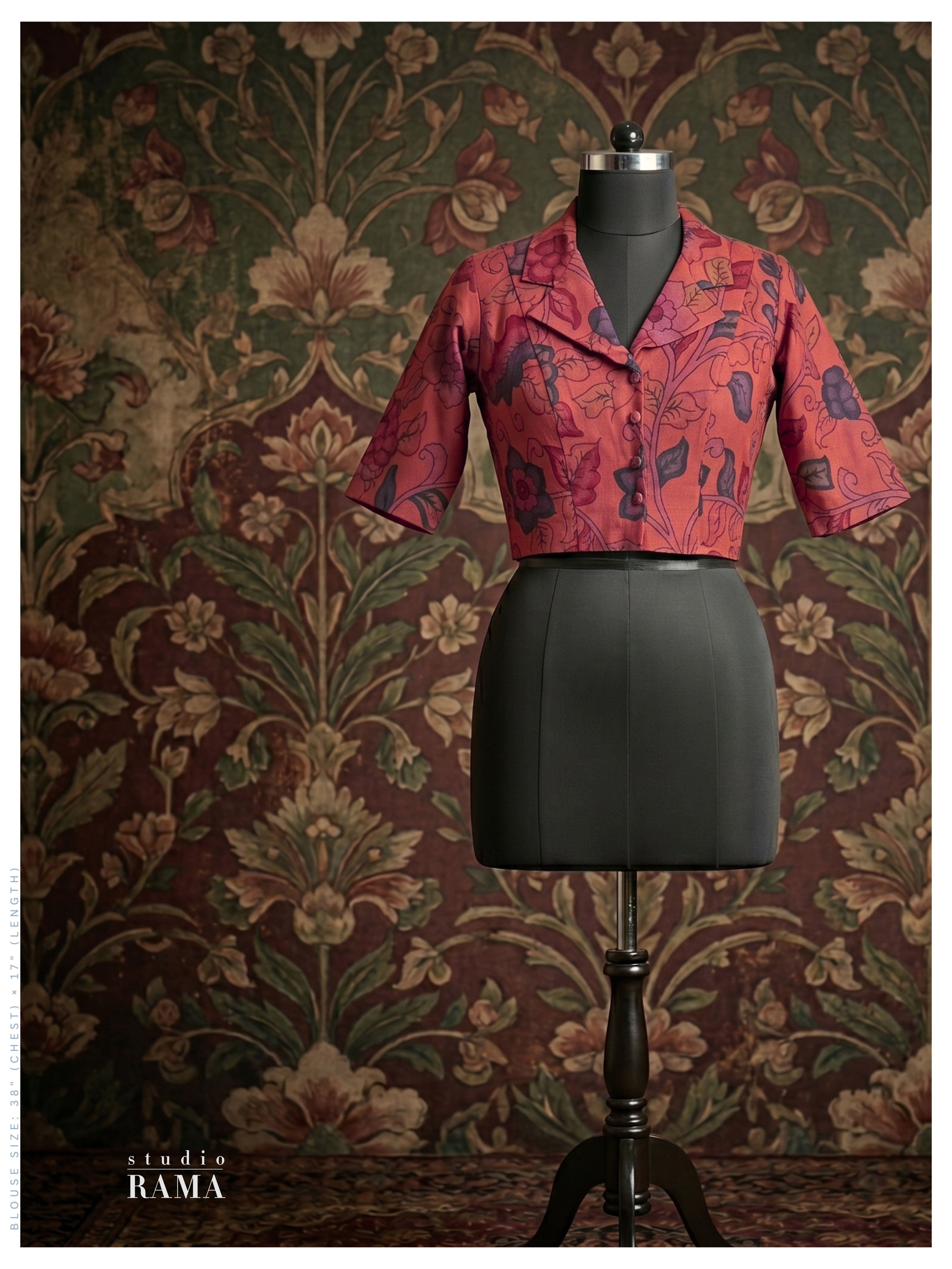 Silk Cotton Printed Blouse (Chest 38") – Rust Red Floral with Collar Neck