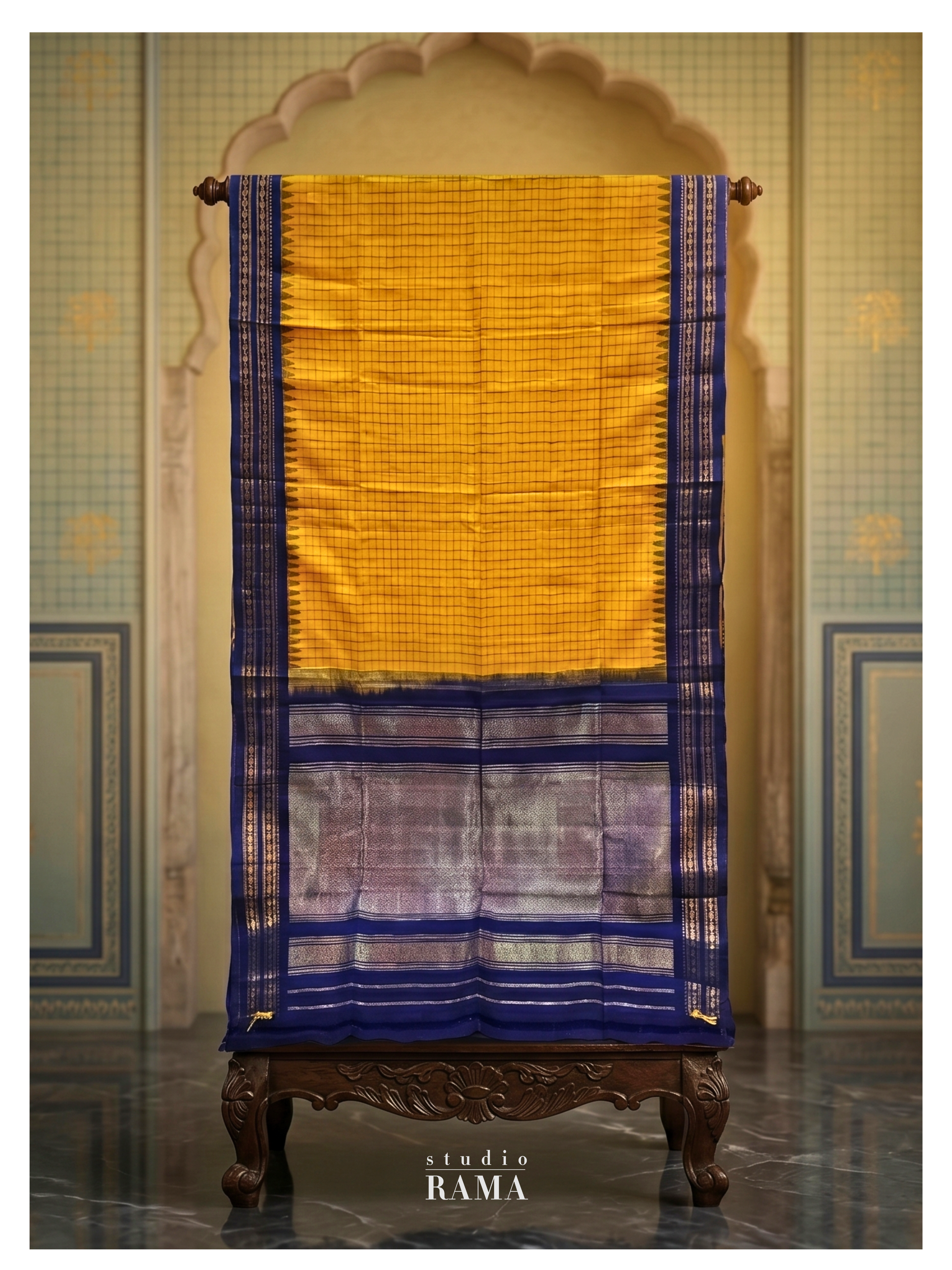 Gadwal Silk Saree – Mustard Checks with Contrast Navy Zari Border
