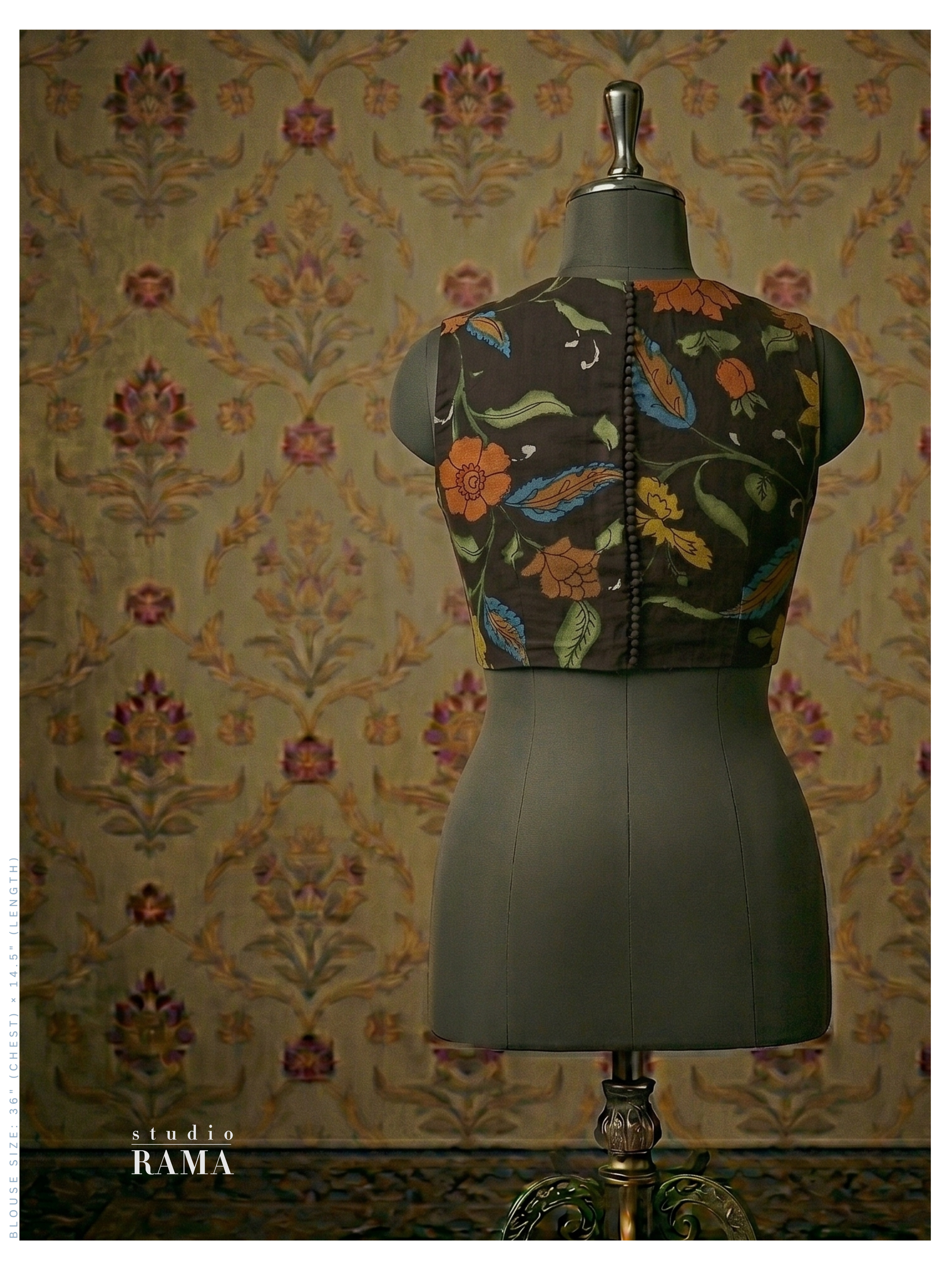 Silk Cotton Kalamkari Blouse (Chest 36") – Black Floral Print
