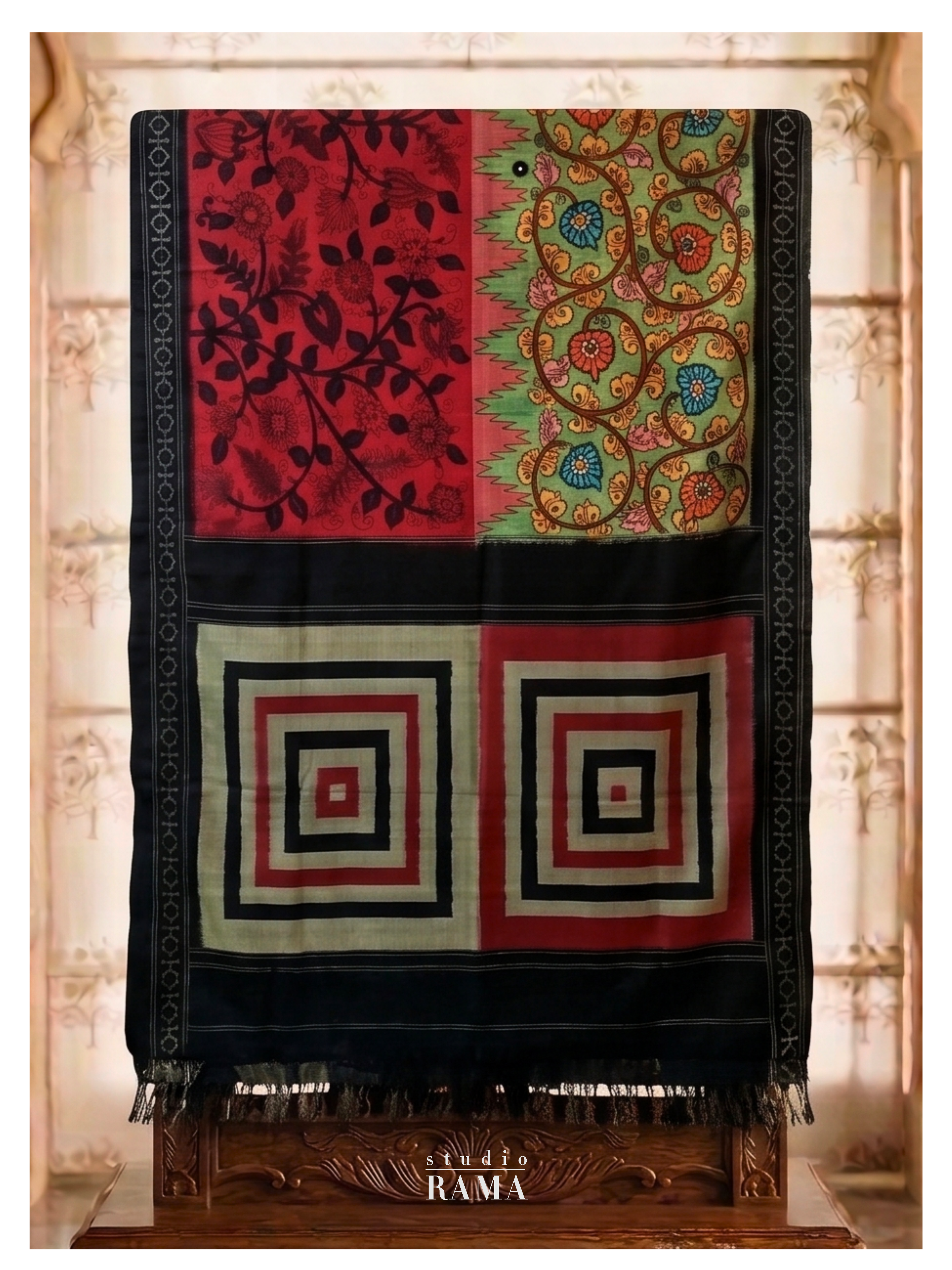 Ikkat Silk Saree – Multicolor Panel Design with Geometric & Floral Motifs