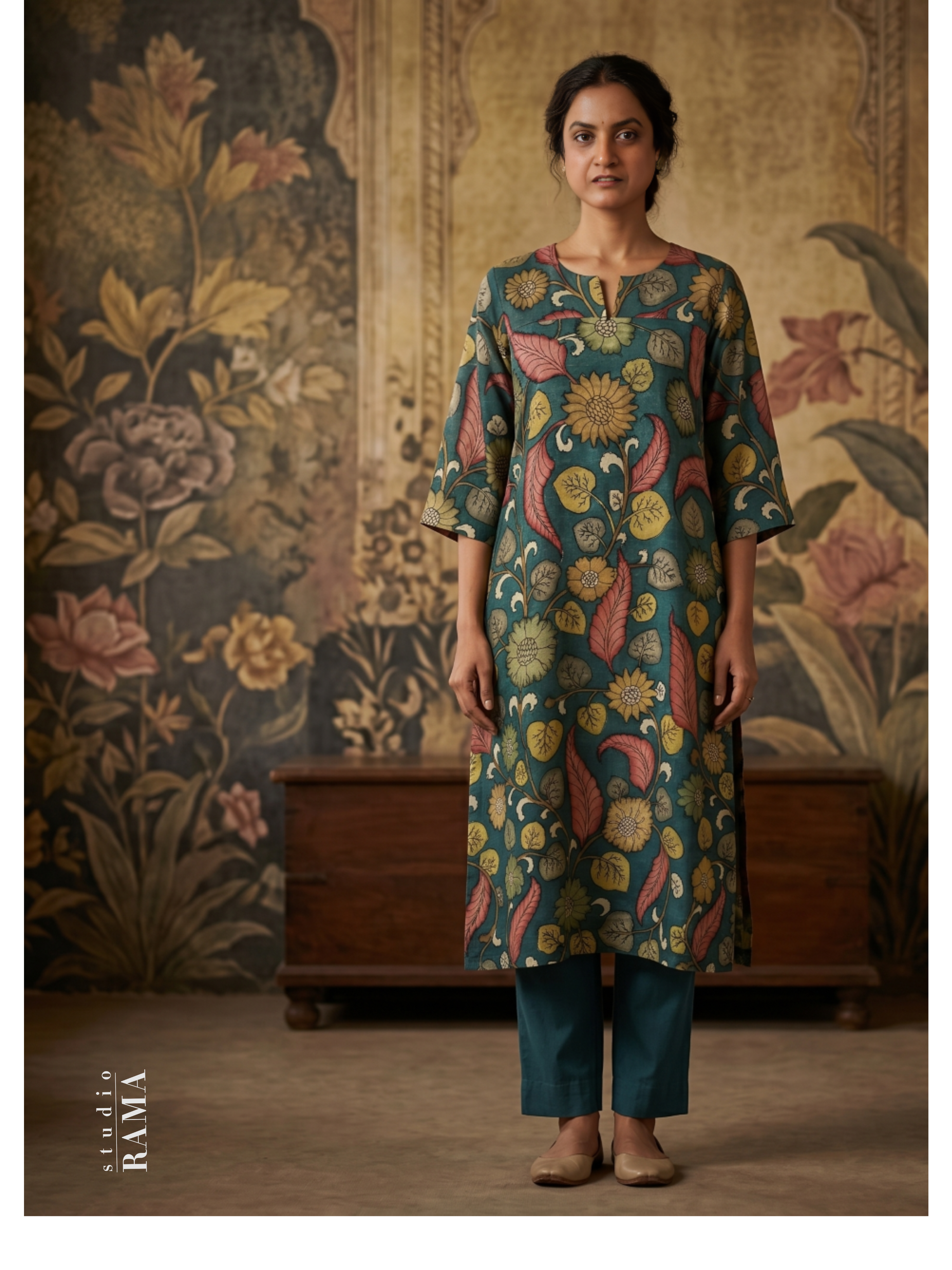Mulberry Silk Kalamkari Kurta Set – Chest 41 Ready | Teal Floral Heritage Edit